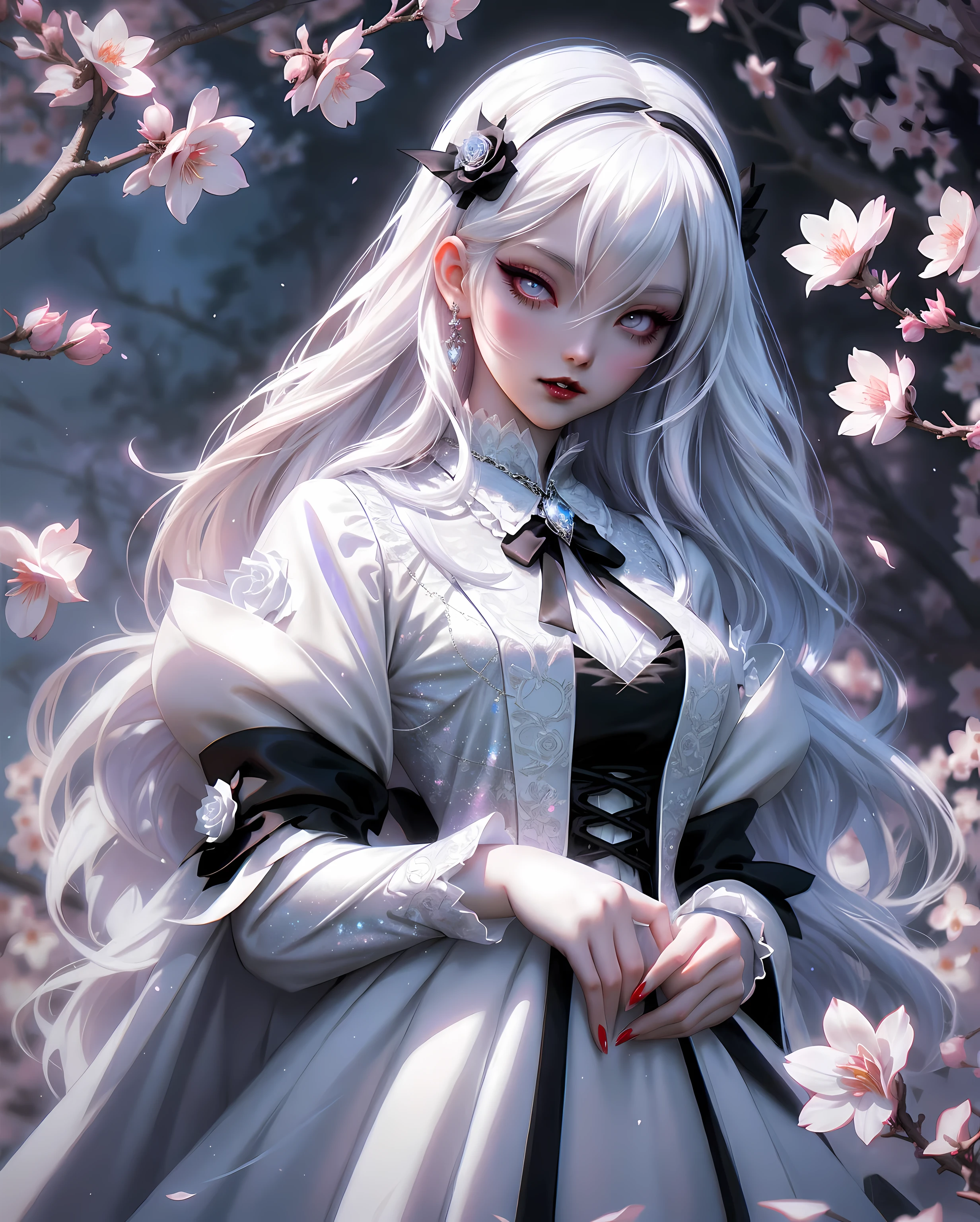 anime Vampire Princess, long white hair, gothic style, roses in hair, dark black eyelashes, white glow irises, light blue dress, digital illustration, comic style, gothic renaissance, perfect , centered, approaching perfection, dynamic, highly detailed, (under a cherry blossom tree), artstation, concept art, smooth, sharp focus, illustration, art by wlop and ross tran ,glitter