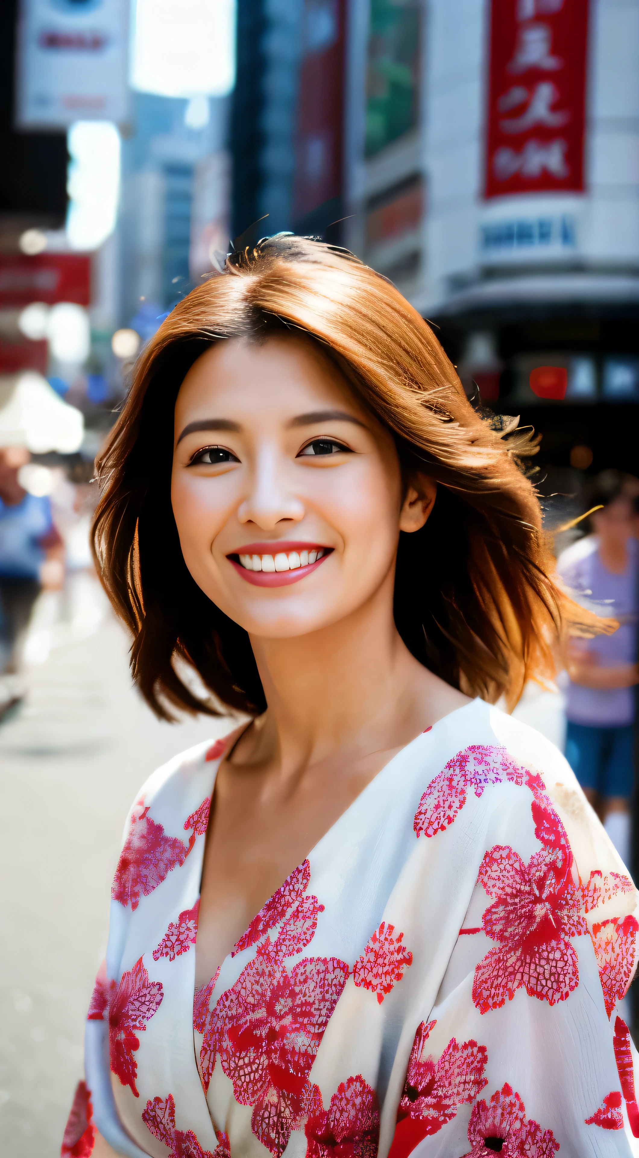 with high definition imageasterpiece), highest image quality, ultra high-definition CGUnity 8k Wallpapers, solo, white kimono with intricately designed floral pattern, red belt, outdoors, The background is the lively and vibrant area of Dotonbori with its colorful neon lights and bustling crowds. Facial details show a gentle smile with wrinkles around the eyes and a elegantly shaped nose. Chestnut hair falls gently over the shoulder, high resolution image with the camera fixed on the subject as she smiles serenely. Full body image in high resolution.