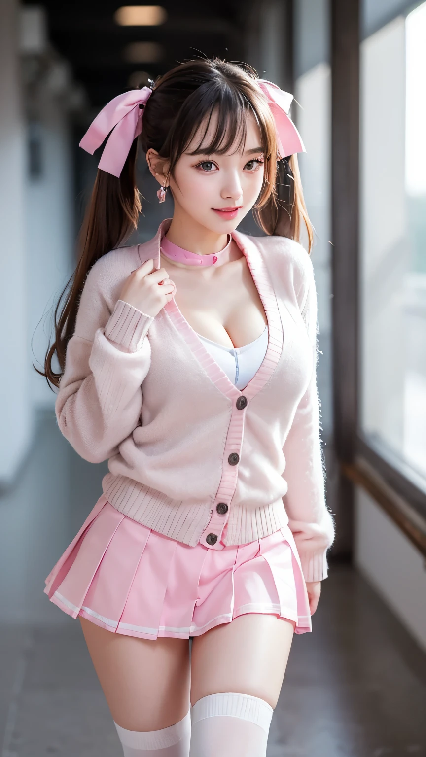 (8k, RAW photo, highest quality, masterpiece: 1.2), Super detailed, super resolution, (genuine, genuine photos: 1.37), portrait, High-definition RAW color photo, professional photos, 非常に詳細で美new, very detailed, 8k wallpaper, amazing details, huge file size, official art, very detailed CG Unity 8k wallpaper, very detailed beautiful girls, very detailed facesHighly detailed eyes, Very fine skin, very detailed fingers, very small nose, very detailed detailed mouth, perfect anatomy, detailed background, fine clothes,20th generation, cute girl, genuineistic body, white skin, glowing skin, (dull bangs: 1.2), smile, cute, like々new, cute face, genuineistic face, delicate eyes, sagging eyes, (Super miniskirt cheerleader costume)、(sexy and dynamic dance pose)), earrings、looking at camera, Contrapos, dynamic lighting, G cup breasts,big breasts、I can see the cleavage、panty shot、baseball Ground、Twin tail BREAK (ivory-white and shocking-pink theme:1.4), (cute school uniform:1.2), (shocking-pink headphones:1.3), (wearing an oversized ivory-white knit cardigan over a school uniform:1.4), (shocking-pink sailor collar with big pink ribbon:1.4), (button-up:1.4), (wearing an shocking-pink pleated skirt under a cardigan:1.2), (bare legs:1.3), (loose socks:1.2), (shocking-pink platform high boots:1.2),