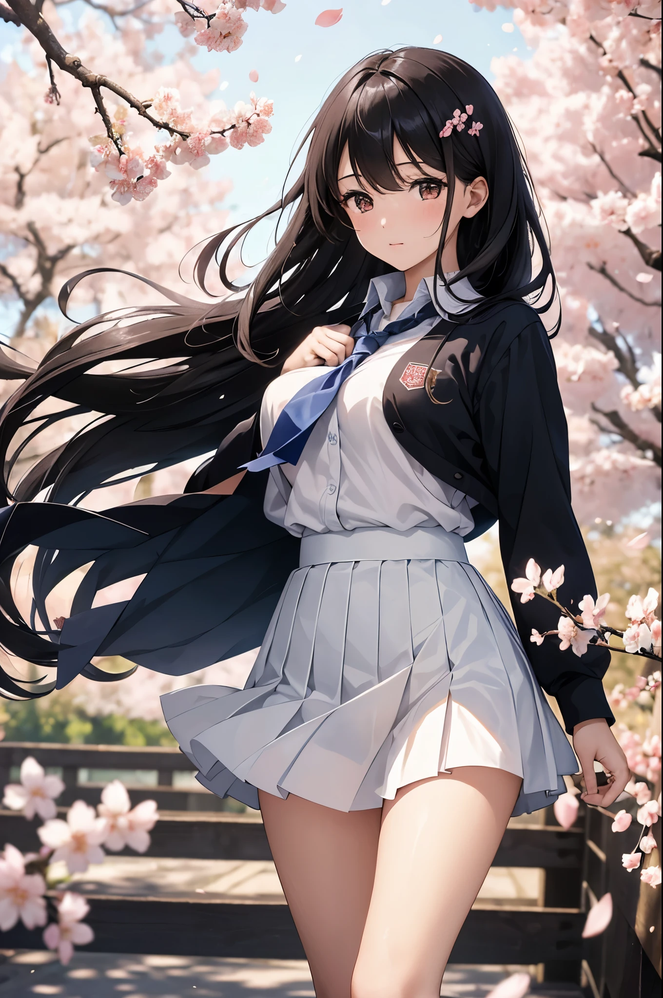 masterpiece, best quality, extremely detailed, 8k, a pretty girl, high school student, gracefully spreading cherry blossom trees, petals fluttering:1.2, creating a fleeting petalsstorm in the air:1.2, hair flowing in the wind, running hands through hair, black hair, ultra detailed face, school uniform