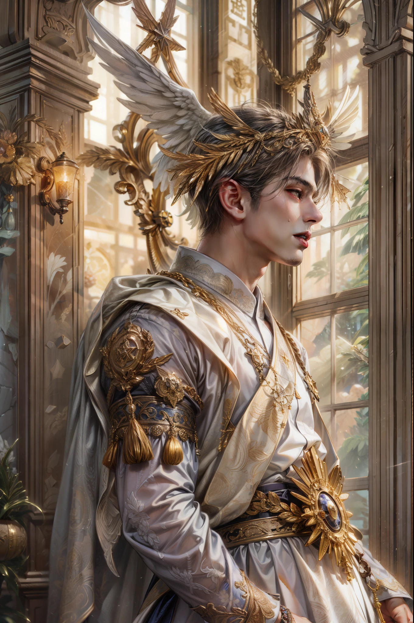(absurdres, highres, ultra detailed, HDR), masterpiece, best quality, half body portrait of a Valkyrie Anatomia character, kokuyo, arbiter hrist, handsome young boy, short hair, korean handsome face, big eyes, white eyes, detailed scenery of a gnostic mansion interiors, gnostic sky on window, gnostic candelabra, detailed character
