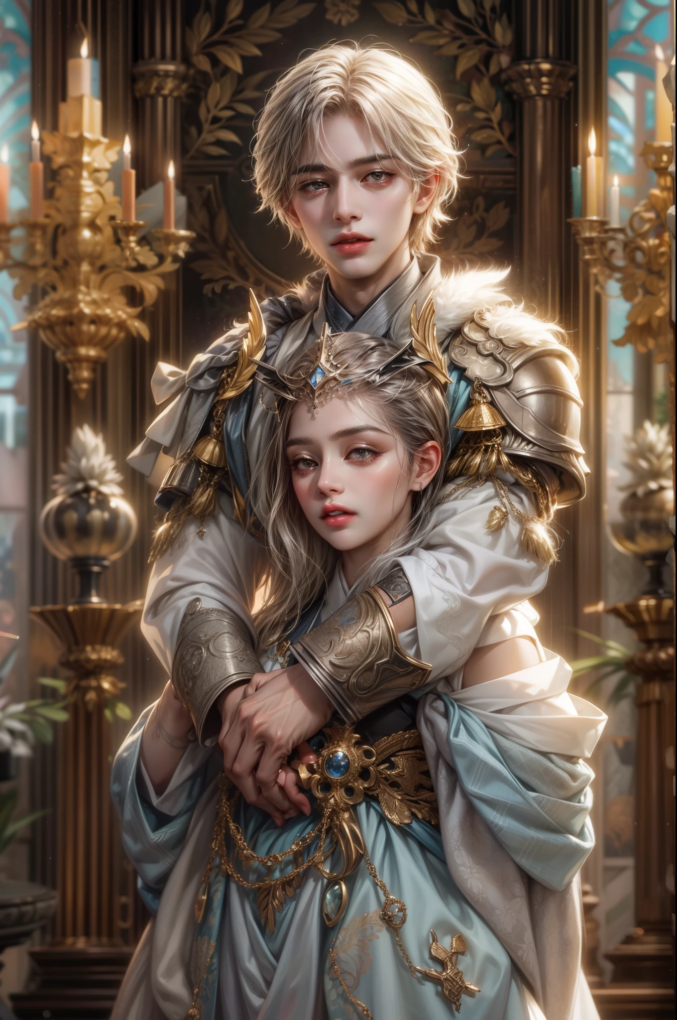 (absurdres, highres, ultra detailed, HDR), masterpiece, best quality, half body portrait of a Valkyrie Anatomia character, kokuyo, arbiter hrist, handsome young boy, short hair, korean handsome face, big eyes, white eyes, detailed scenery of a gnostic mansion interiors, gnostic sky on window, gnostic candelabra, detailed character
