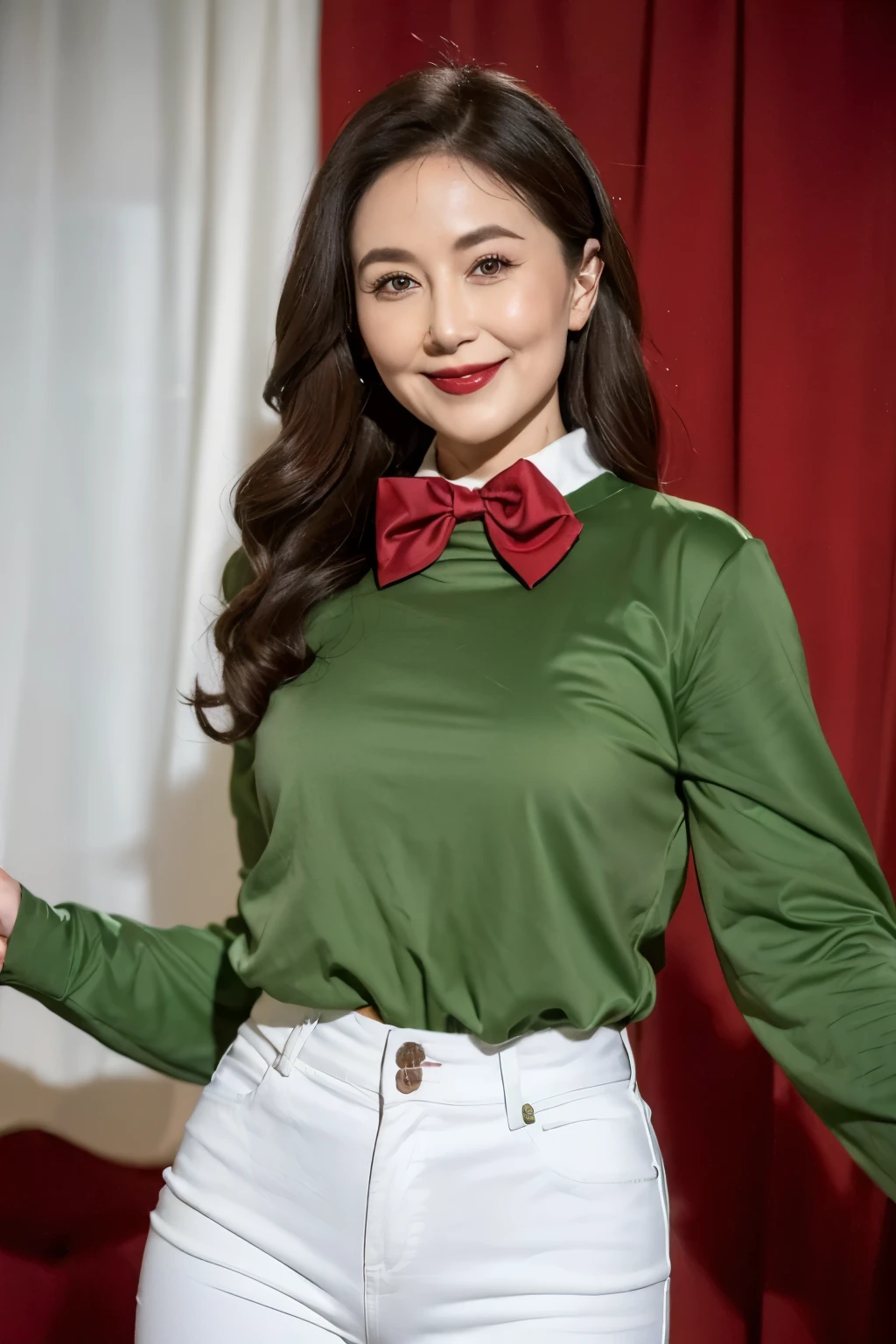 ((top quality、8k、masterpiece:1.3))、sharp focus, High level of image quality, high resolution,,green shirt,red bow tie,white jeans,wavy long hair,indoor background,37-year-old female,Mature,charming smile,Draw lips correctly, red lipstick,stand,Slightly fat,medium chest,full-body shot