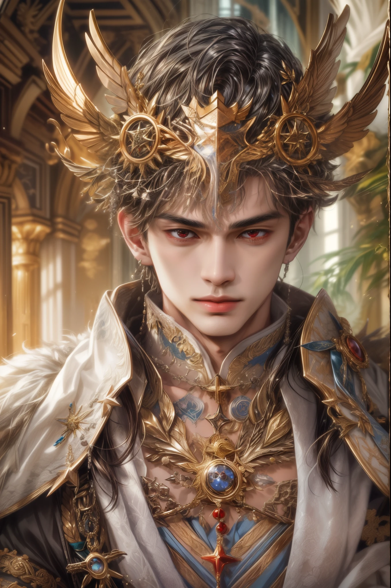 (absurdres, highres, ultra detailed, HDR), masterpiece, best quality, close-up picture of a Valkyrie Anatomia character, kokuyo, arbiter hrist, handsome young boy, short hair, korean handsome face, big eyes, red eyes, detailed scenery of a gnostic mansion interiors, detailed character