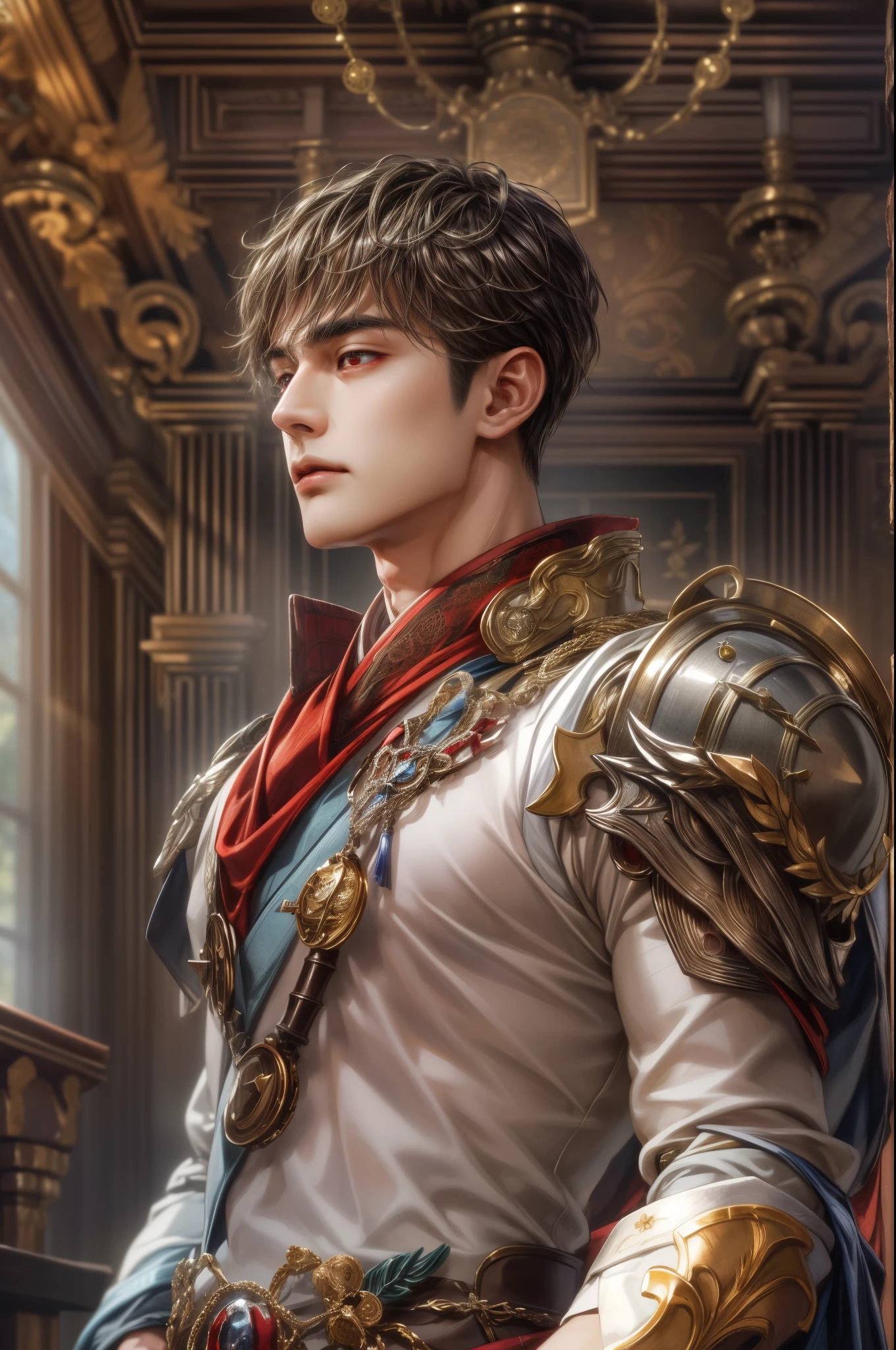 (absurdres, highres, ultra detailed, HDR), masterpiece, best quality, close-up picture of a Valkyrie Anatomia character, kokuyo, arbiter hrist, handsome young boy, short hair, korean handsome face, big eyes, red eyes, detailed scenery of a gnostic mansion interiors, detailed character