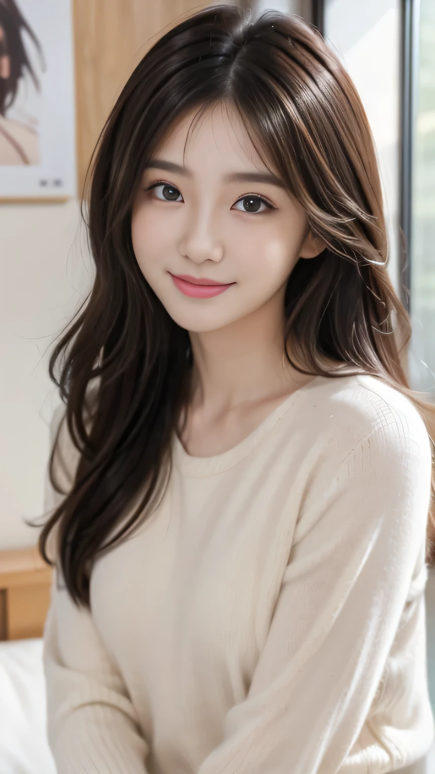 muste piece、best quality、illustration、Super detailed、fine details、High resolution、8K Dende Wallpaper、perfect dynamic composition、beautiful detailed eyes、winter casual wear、medium hair、small breasts、natural color lip、bold sexy pose、shy smile、Harajuku style、20 year old girl、cute type、sexy shot looking at camera、