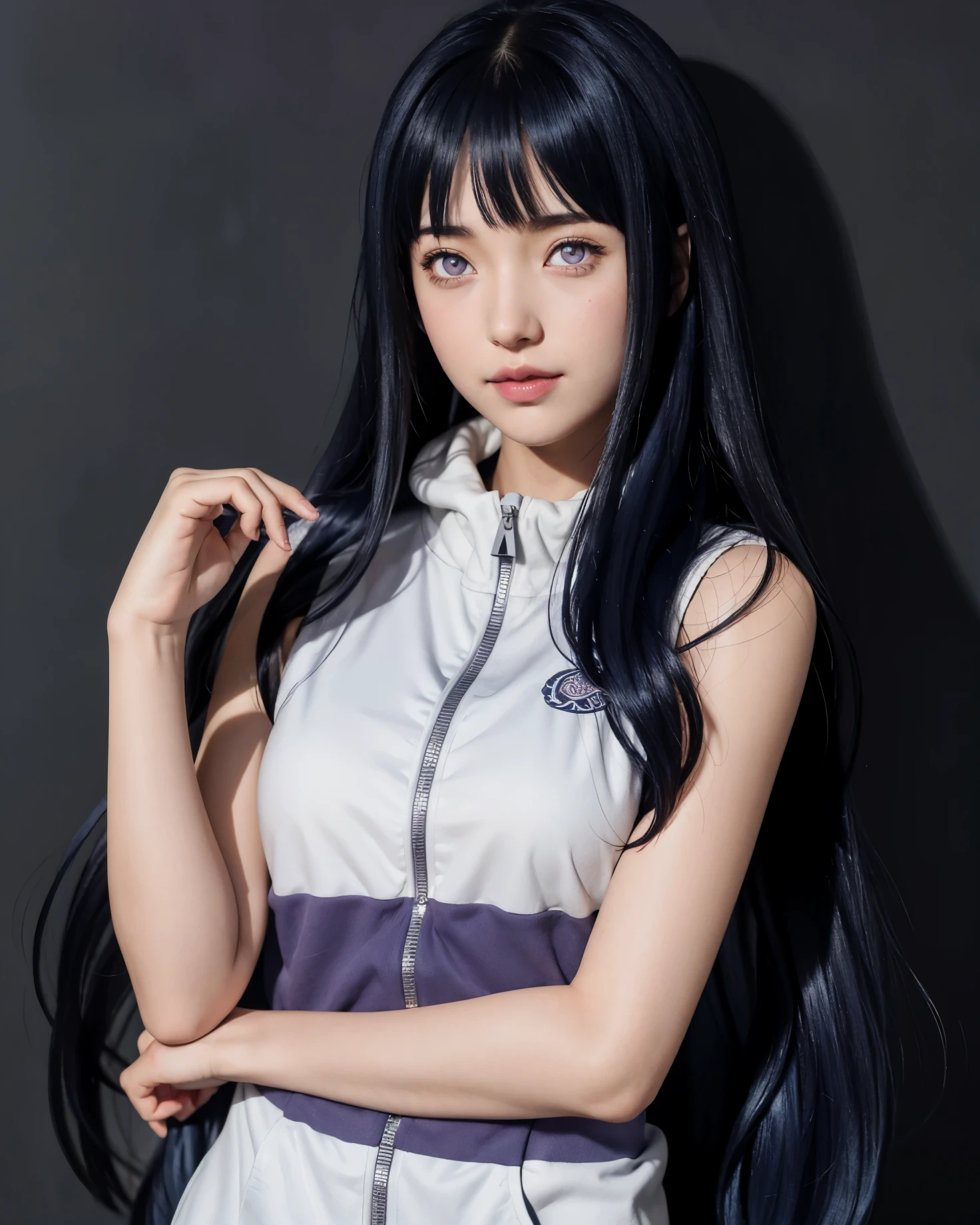 close up image of a person with long hair and a hoodie, hinata hyuga, hinata hyuga from naruto, from naruto, as an anime character, perfect anime face, she has dark blue hair with bangs, female anime character, anime characters, best anime girls, style hime cut hair, dark blue hair, pink lips, light purple eyes, smile, (pretty face:1.3), city background