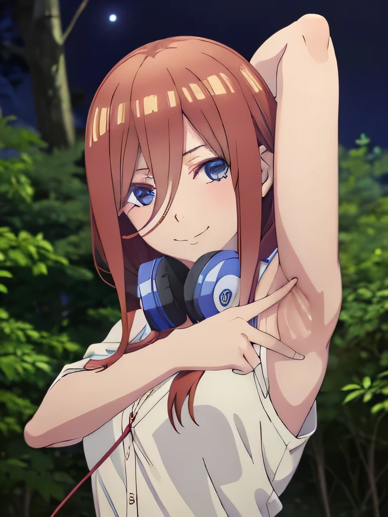 solo, 1girl, looking at viewer, 2D, anime, anime coloring, high quality, closed mouth, solo, upper body, night sky, forest, arms behind head, contrapposto, shy smile, spread armpits, miku nakano, cardigan, headphones around neck, looking at viewer, smile