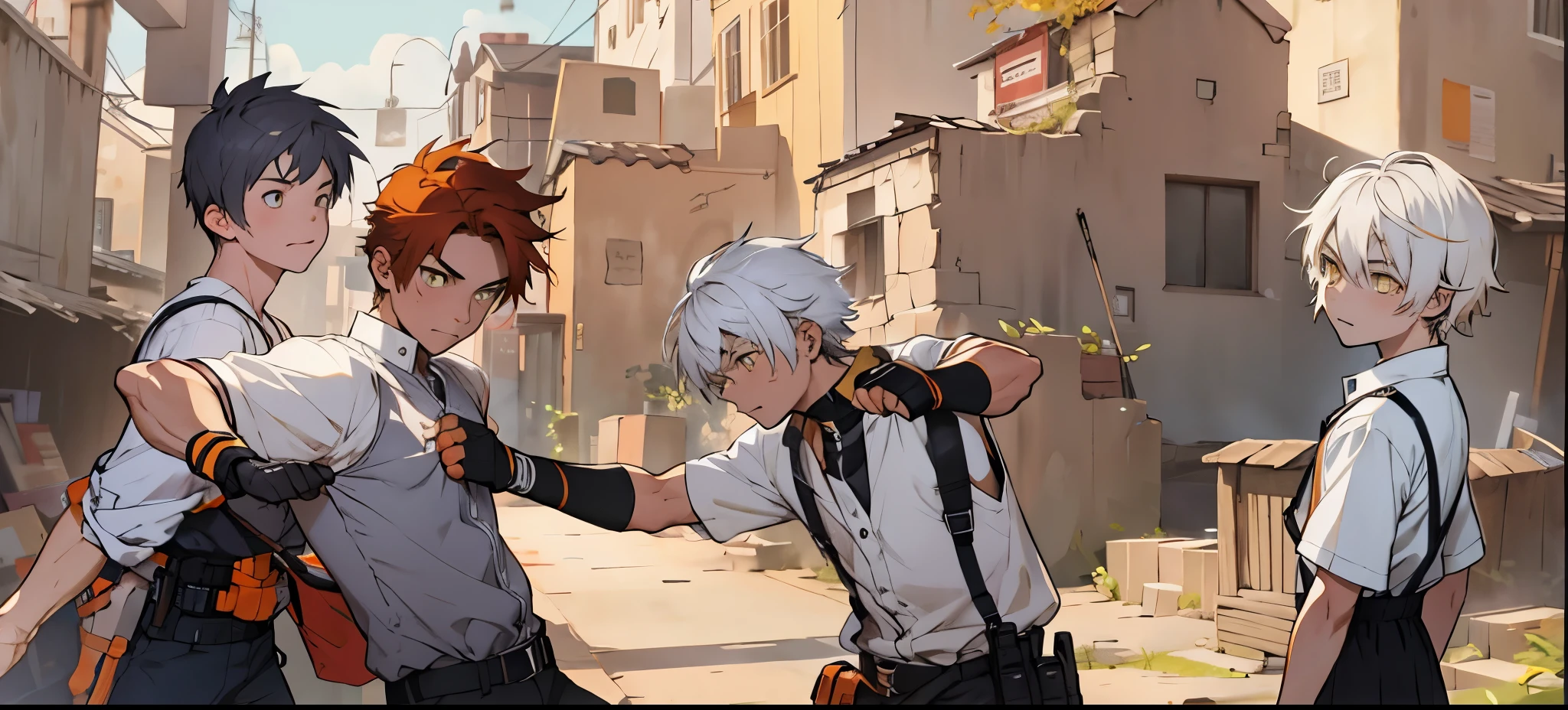 there is a boy with short orange hair being attacked in the chest by a boy with white hair and yellow eyes