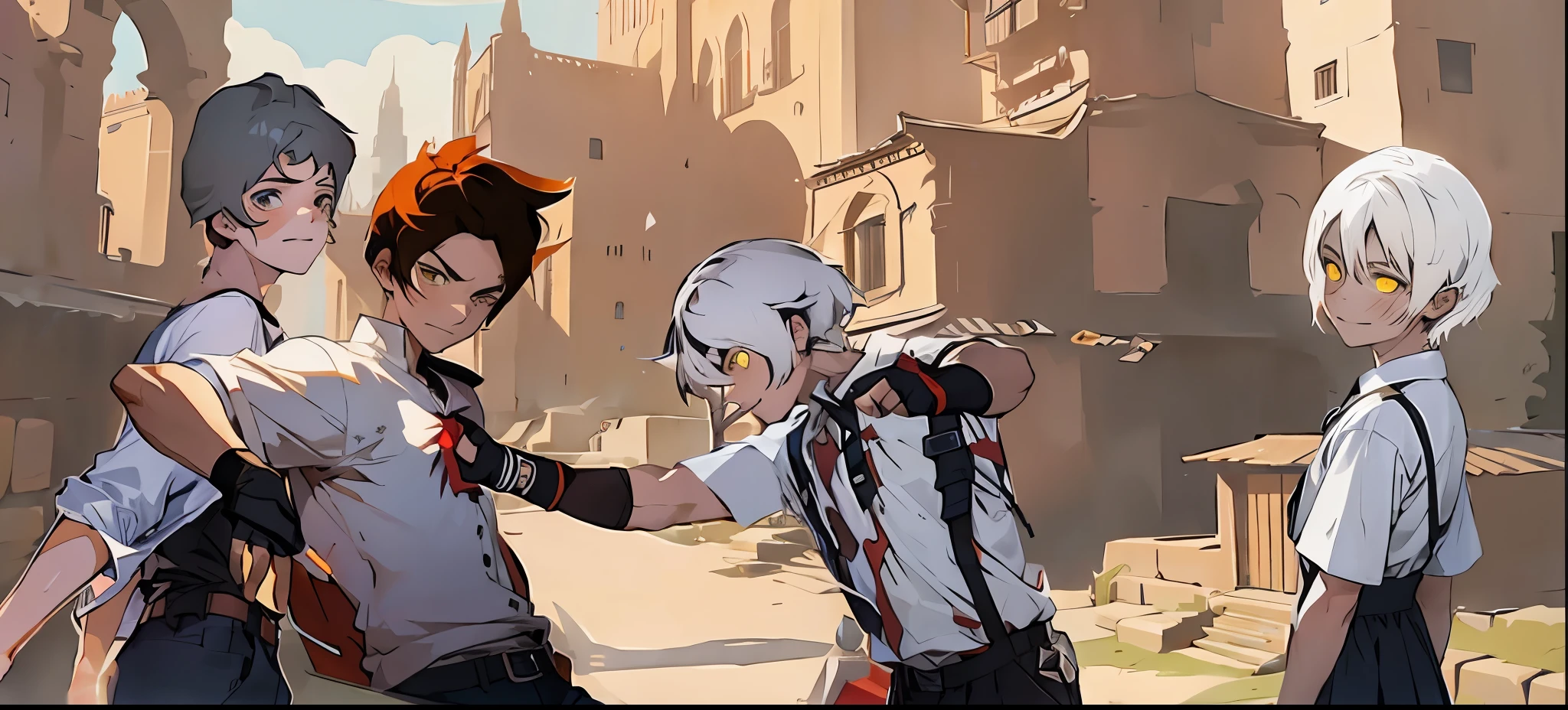 there is a boy with short orange hair being attacked in the chest by a boy with white hair and yellow eyes