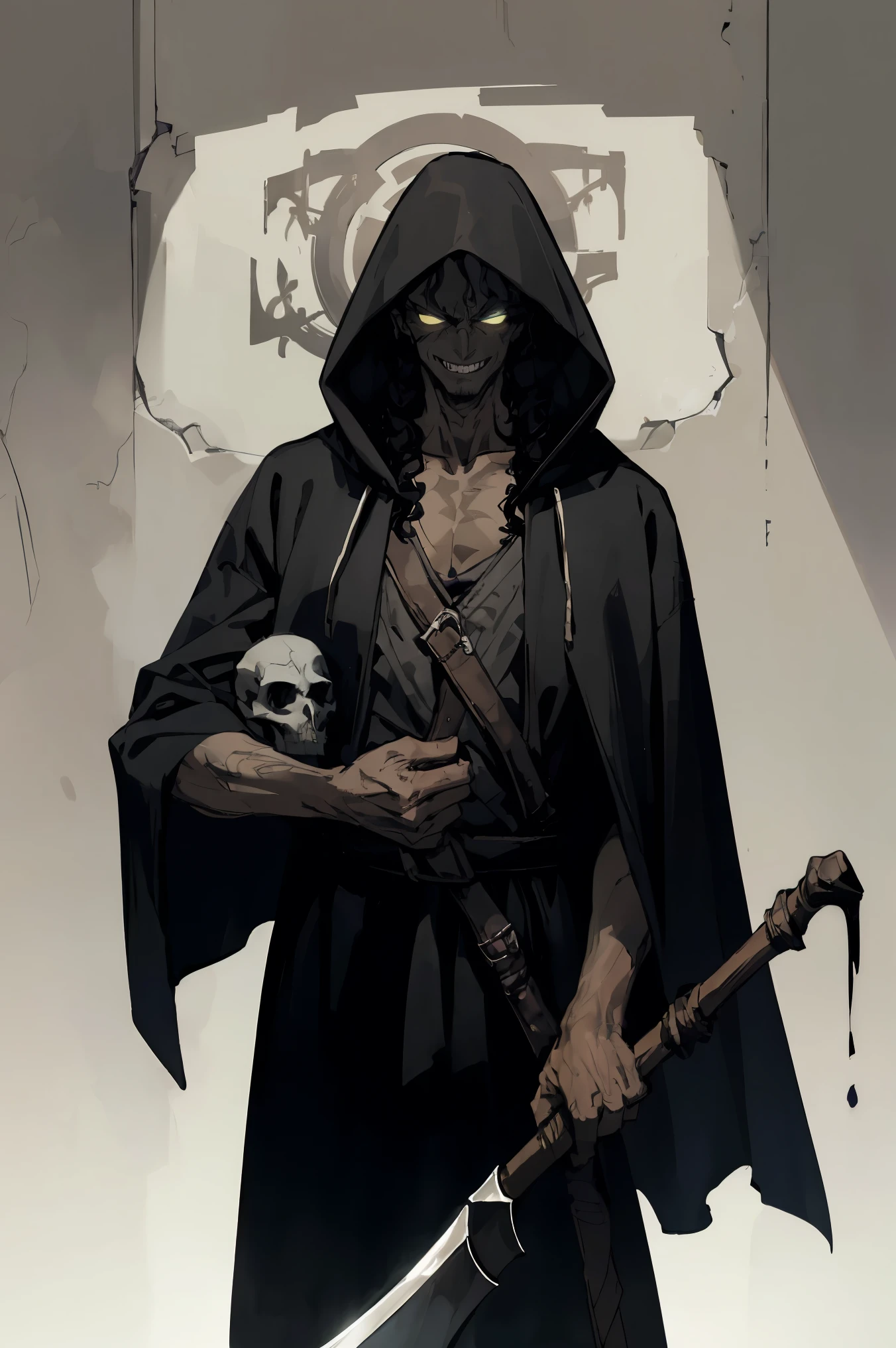 undead mage，wearing a hooded cloak，long gray curly hair,sharp piercing gaze，Evil smile，Face shadows，dim background，Light and shadow effects，stand up，Holding a huge scythe，Controlling purple magical energy in his hands，Surrounded by skulls，