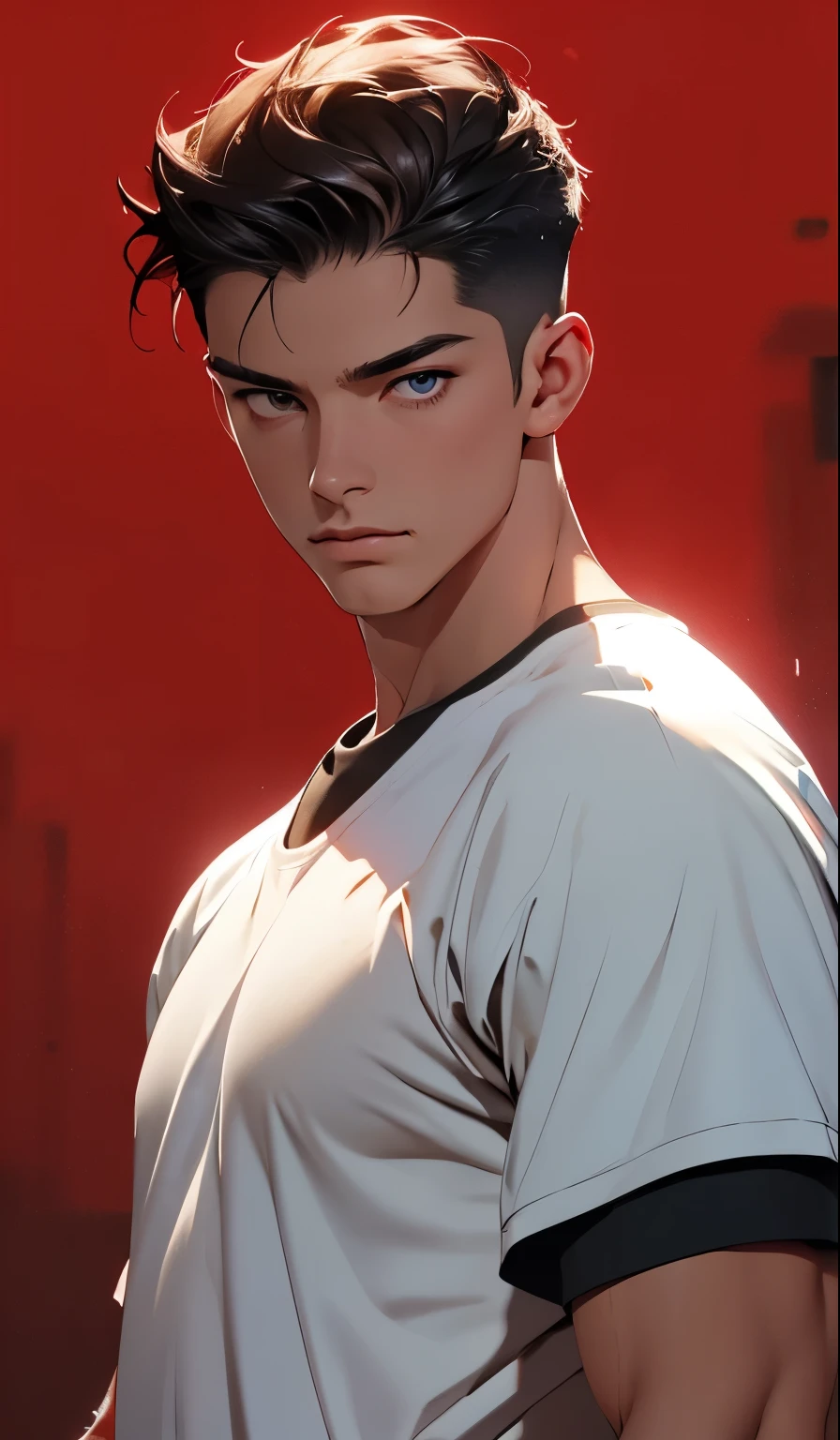 1boy,red background,absurdres,masterpiece,highres,intricately detailed,a gay man,sexy,muscular,strutting outdoors,gorgeous eyes,detailed face,pouring rain,outdoors,global illumination,subsurface scattering,