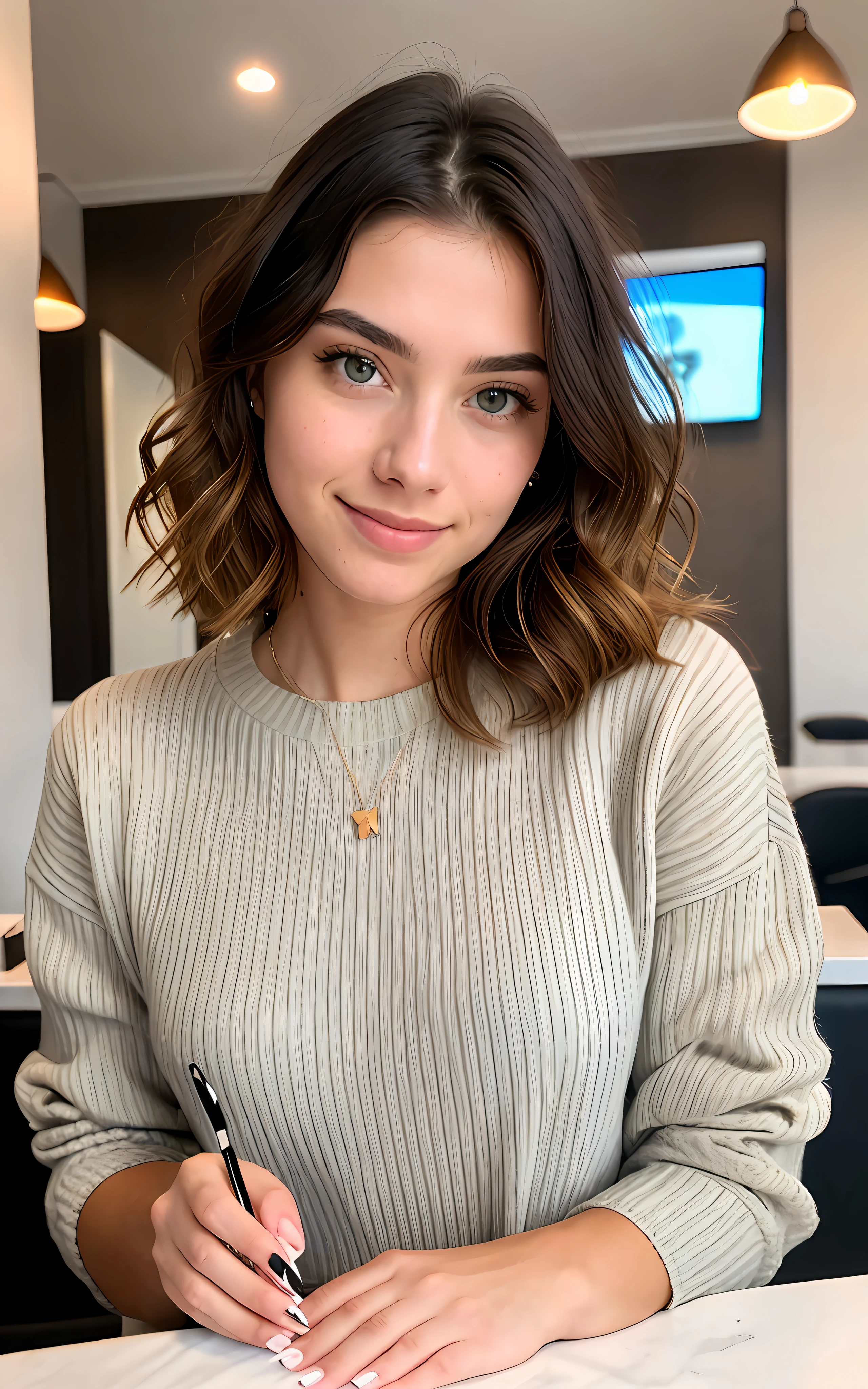 Beautiful brunette wearing light beige sweater (taking care of nails in a modern beauty salon), Muito detalhado, 21 anos de idade, rosto inocente, cabelos ondulados naturais, olhos azuis, high resolution, obra de arte, melhor qualidade, detalhes intrincados, altamente detalhado, sharp focus, pele detalhada, Realista skin textura, textura, olhos detalhados, profissional, 4k, sorriso charmoso, filmado em Canon, 85mm, profundidade superficial de campo, Cores Kodak Vision, corpo em forma perfeita, extremamente detalhado, foto_\(ultra\), photoRealista, Realista, Post-processing, maximum detail, rugosidade, Vida real, ultra Realista, fotorrealismo, fotografia, 8k hd, fotografia