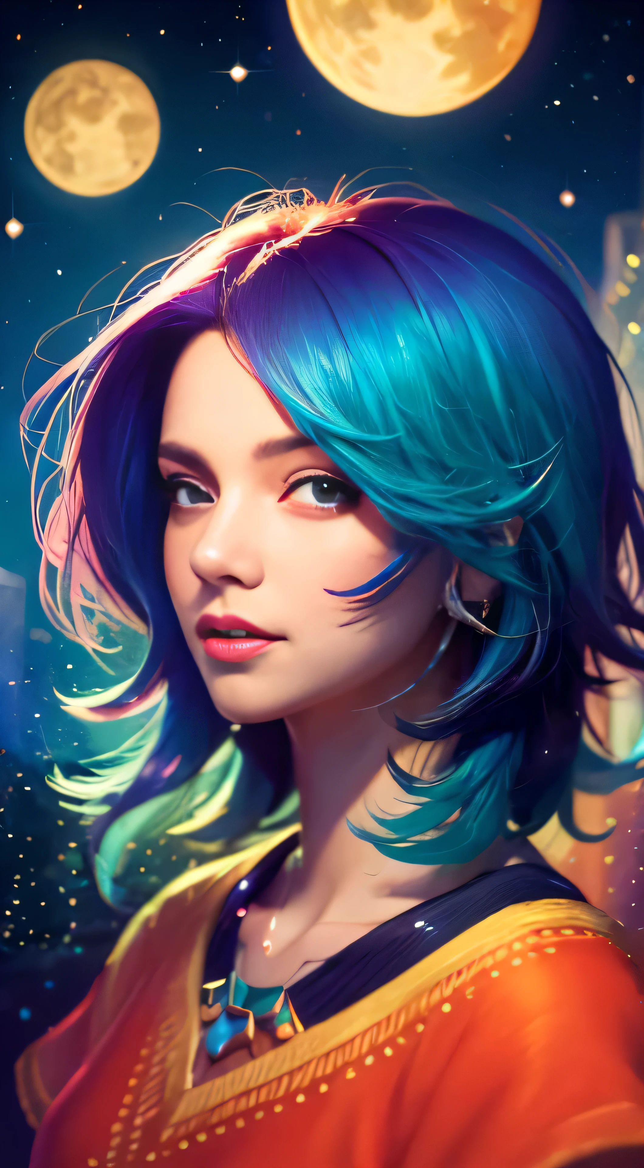 Close-up of a woman with colorful hair and necklace, anime girl with cosmic hair, Rossdraws soft vibrancy, Gouviz style artwork, fantasy art style, colorful], vibrant fantasy style, Rossdraws cartoon full of vitality, cosmic and colorful, Guweiz, colorful digital fantasy art, stunning art style, beautiful anime style, glowing hair