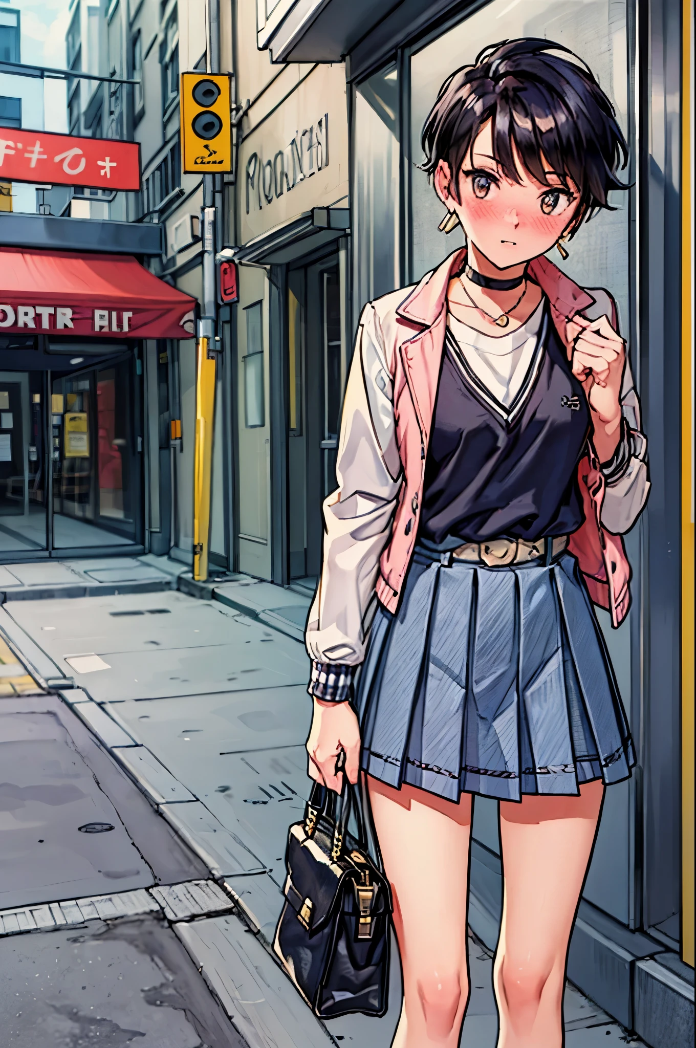 "best quality,ultra-detailed,((background:outside the park1,8)),(one boy),(full body),portraits,((sissy boy,tomboy,FemBoy,trap1,8)),bulge1,8,(natural makeup),black choker,necklace,earrings,(short black hair),boy's face,boys body,((nose-blush)),((shy)),((street-casual-style)),(school-uniform),(vest),(blazer),(sneaker),(he’s having shoulder bags),vibrant colors,soft lighting"