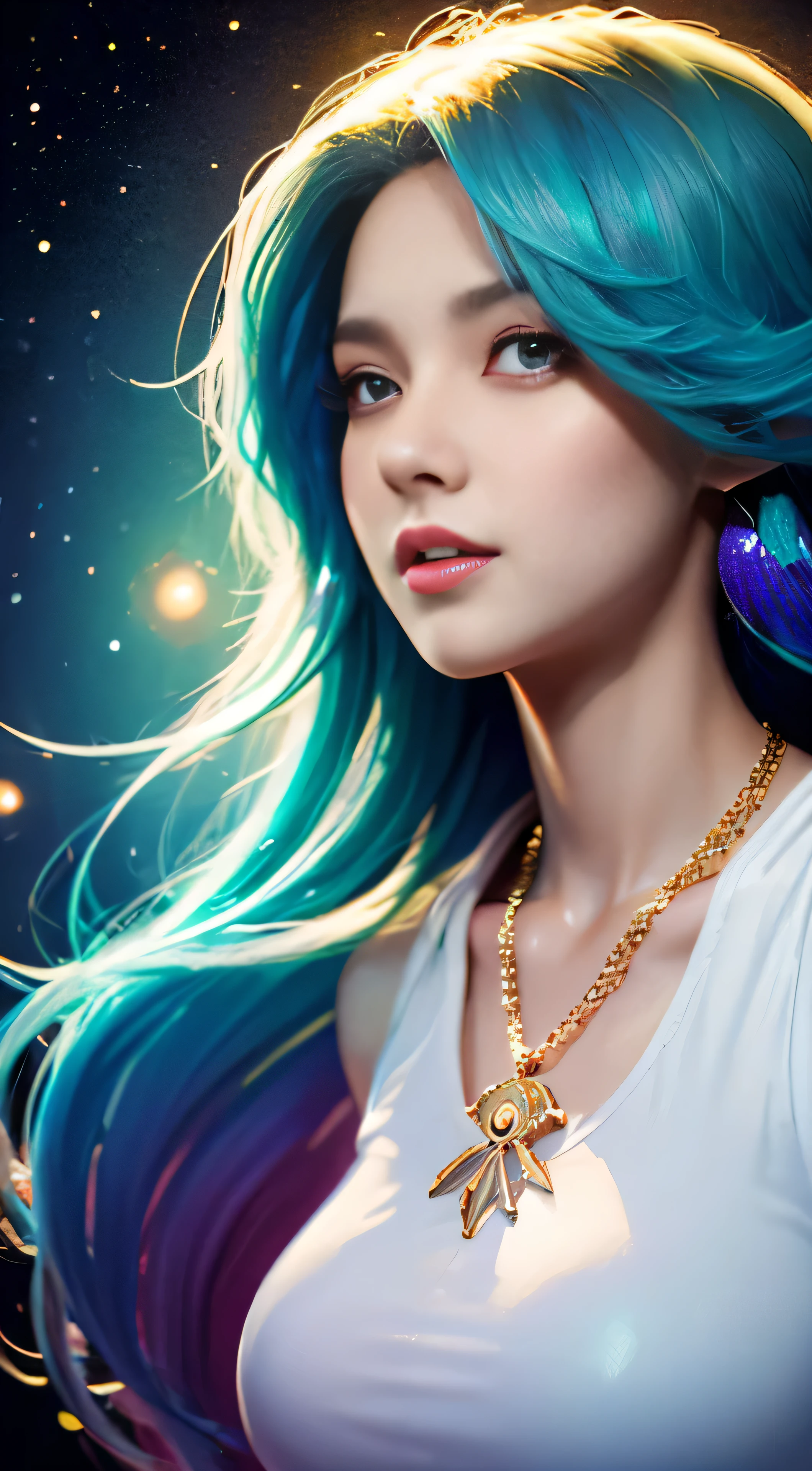 Close-up of a woman with colorful hair and necklace, anime girl with cosmic hair, Rossdraws soft vibrancy, Gouviz style artwork, fantasy art style, colorful], vibrant fantasy style, Rossdraws cartoon full of vitality, cosmic and colorful, Guweiz, colorful digital fantasy art, stunning art style, beautiful anime style, glowing hair