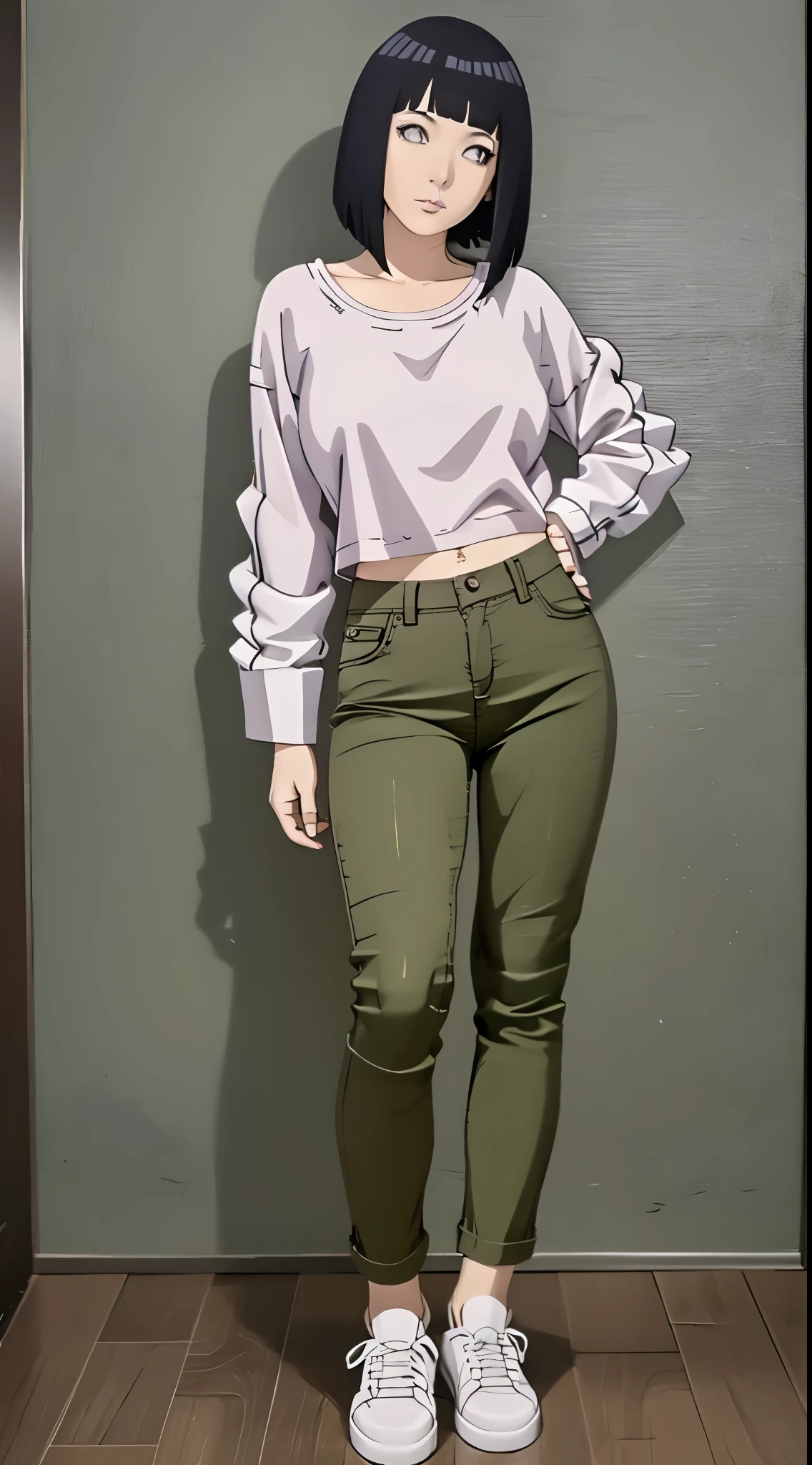 Black hime Haircurt, black eyes, white skin, Bust: 90 Waist: 90 Hip: 90, tall 190cm, age 27 years old, wearing blouse and grey jeans white sneakers, stand pose, background new york