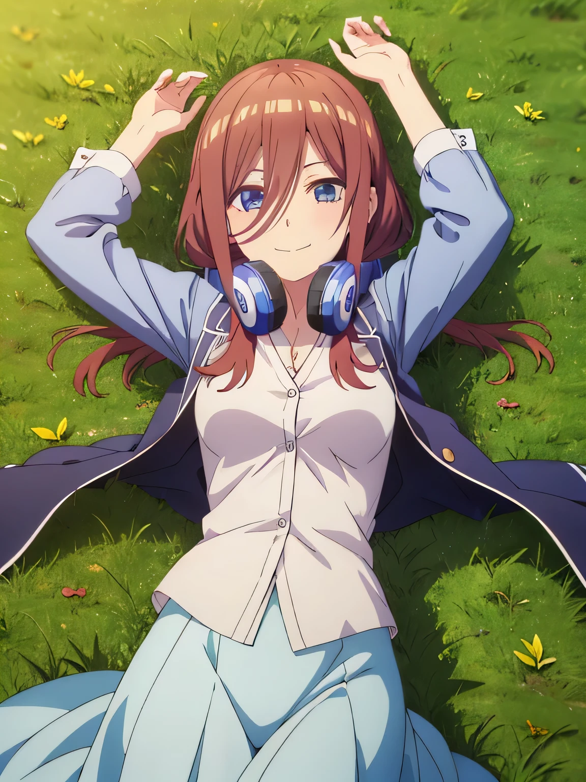 solo, 1girl, looking at viewer, 2D, anime, anime coloring, high quality solo, cowboy shot, lying, on back, on grass, spread arms, shy smile, arms up, closed mouth, miku nakano, cardigan, headphones around neck, looking at viewer, smile