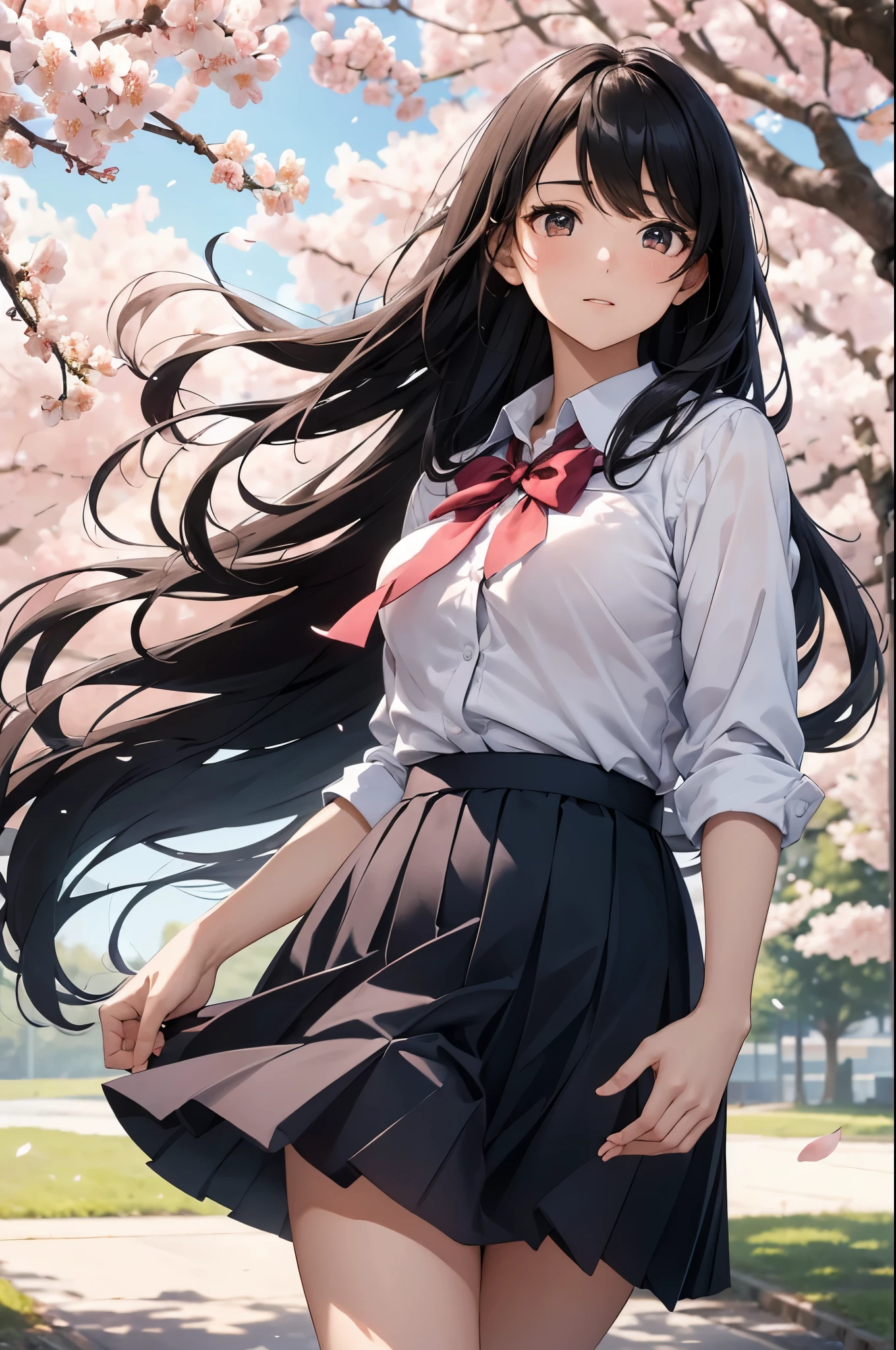 masterpiece, best quality, extremely detailed, 8k, a pretty girl, high school student, gracefully spreading cherry blossom trees, petals fluttering:1.2, creating a fleeting petalsstorm in the air:1.2, hair flowing in the wind, running hands through hair, black hair, ultra detailed face, school uniform
