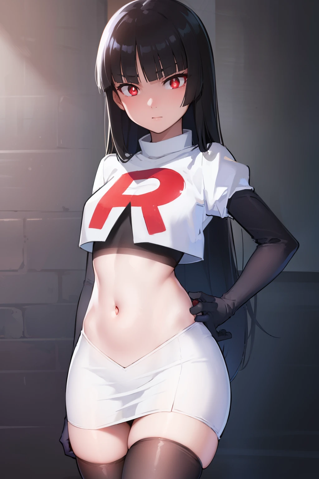 pokemonsabrina, pokemonsabrina, black hair, long hair, bangs, (blunt bangs:1.5), (red eyes:1.5), sidelocks, (bright pupils:1.5), (white pupils:1.5),
BREAK team rocket,team rocket uniform, red letter R, white skirt,white crop top,black thigh-highs, black elbow gloves,
BREAK looking at viewer, (cowboy shot:1.5),
BREAK (masterpiece:1.2), best quality, high resolution, unity 8k wallpaper, (illustration:0.8), (beautiful detailed eyes:1.6), extremely detailed face, perfect lighting, extremely detailed CG, (perfect hands, perfect anatomy),