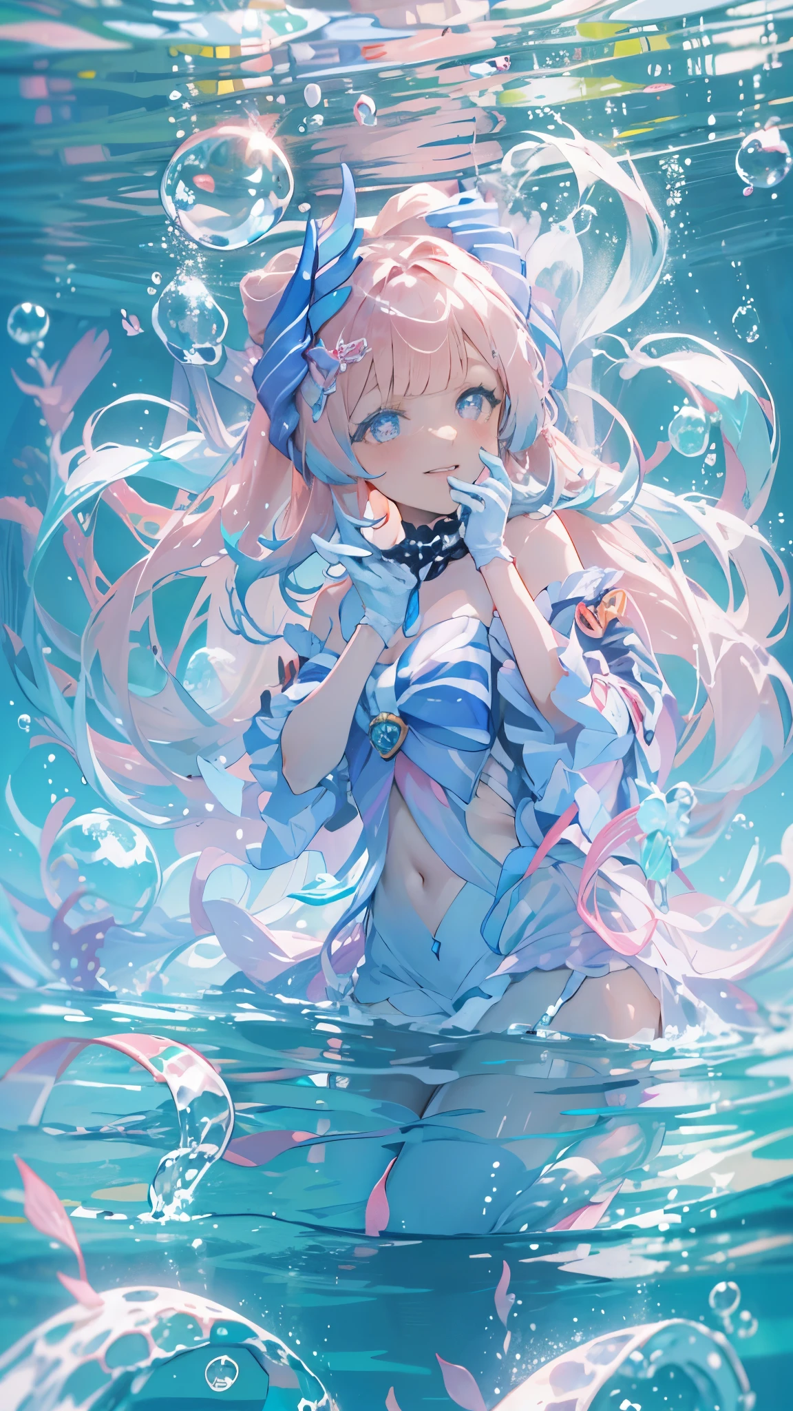 1 girl solo, long pink hair, translucent clothes, Wearing a big blue bow on her chest, Long wide sleeves, bare shoulders, long white socks, Light purple eyes, pastel colors, underwater, bubble, iridescent light rays underwater