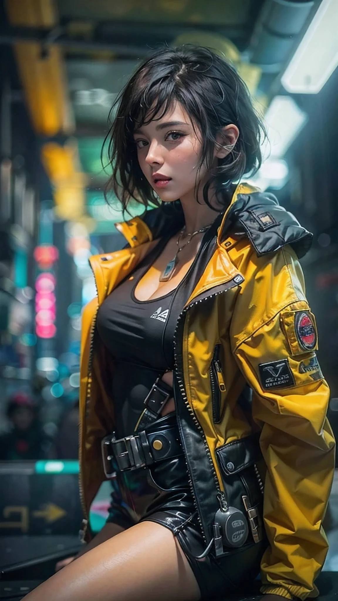motor irreal:1.4,UHD,La mejor calidad:1.4, fotorrealista:1.4, textura de la piel:1.4, obra maestra:1.8, Hermosa mujer, cabello rojo, Black military uniform, senos largos, Estilo cyberpunk, Detalles realistas, cerca, Chaqueta de cuero negro retrato,white jeans Vaqueros cortos,,hermosas manos finas ,(cyberpunk:1.4),(cabello multicolor+rosado:1.3+amarillo:1.3),lingerie cyberpunk, Noche misteriosa,(detailed:1.4),(Special station:1.4),