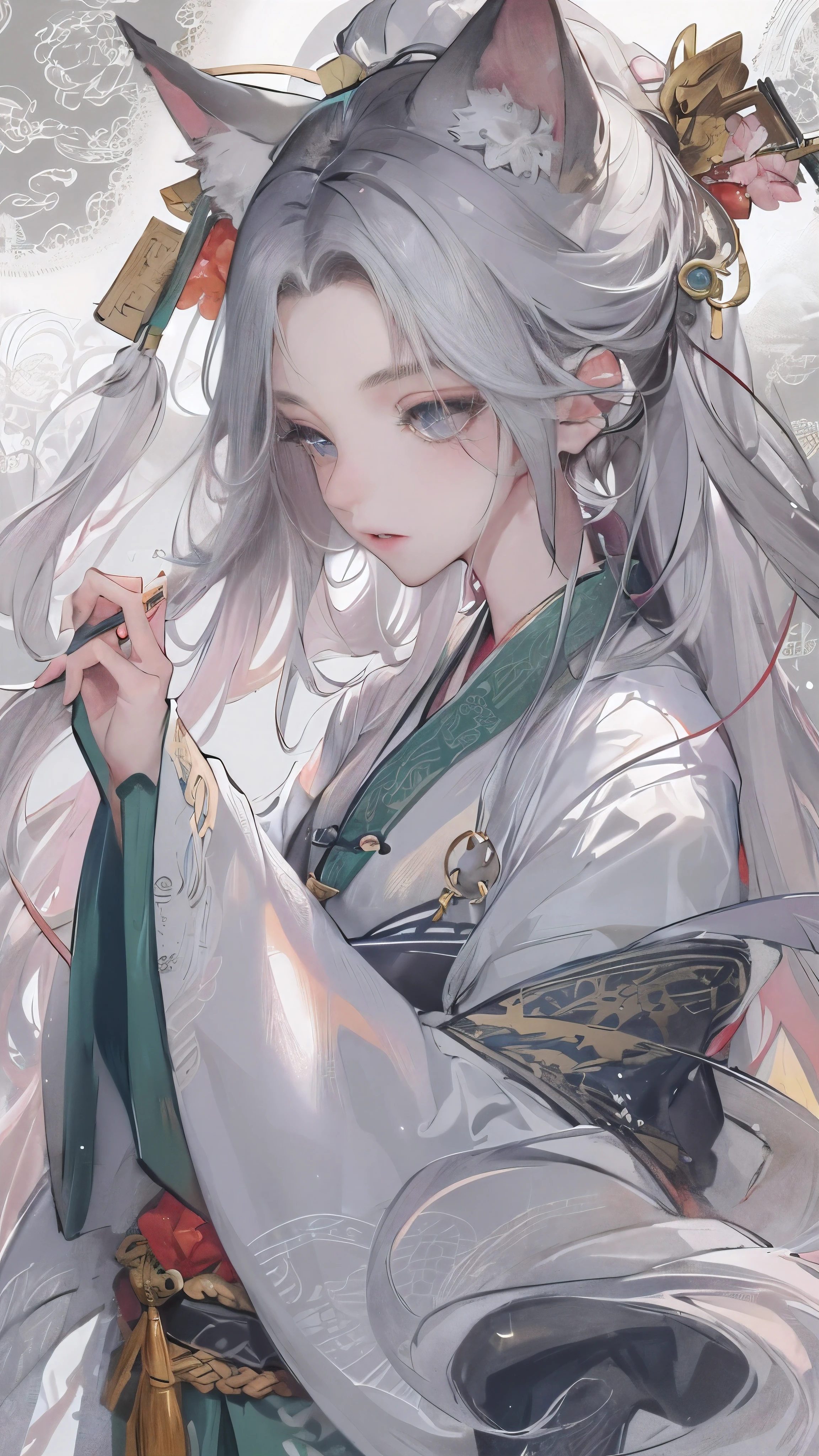 masterpiece, the best, night, full moon, 1 female, mature woman, Chinese style, ancient China, elder sister, Royal sister, cold noodle, poker face, woman with silver hair, pale pink lips, calm, intellectuals, Three belts, gray pupils, assassin, dagger, Flower ball background, Strolling Street masterpiece, the best, night, full moon, 1 female, mature woman, Chinese style, ancient China, elder sister, Royal sister, cold noodle, poker face, woman with silver hair, pale pink lips, calm, intellectuals, Three belts, gray pupilss, assassin, dagger, Flower ball background, street view, White-haired Catwoman, Hanfu, Cat ears, cat tail, Clear purple eyes