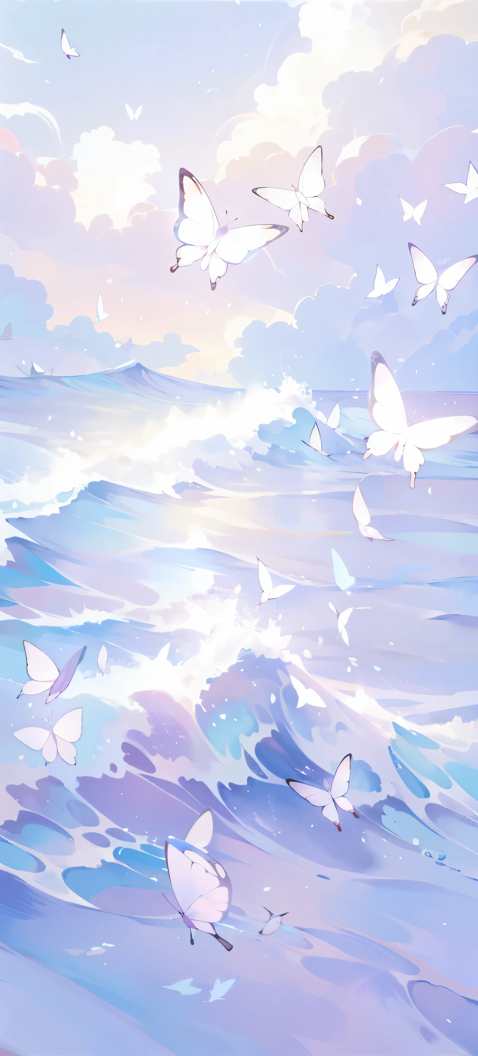 on a sunny day，Many butterflies fly over the water, anime background, Anime beautiful peaceful scene, sea butterflies, dream wave aesthetic, Beautiful and cute plop plop, wallpaper aesthetic, Anime aesthetics, anime background art, wallpaper anime blue water, ethereal background, butterfly flying in the sky, cloud、wings and waves, Dream aesthetics, The background is heavenly