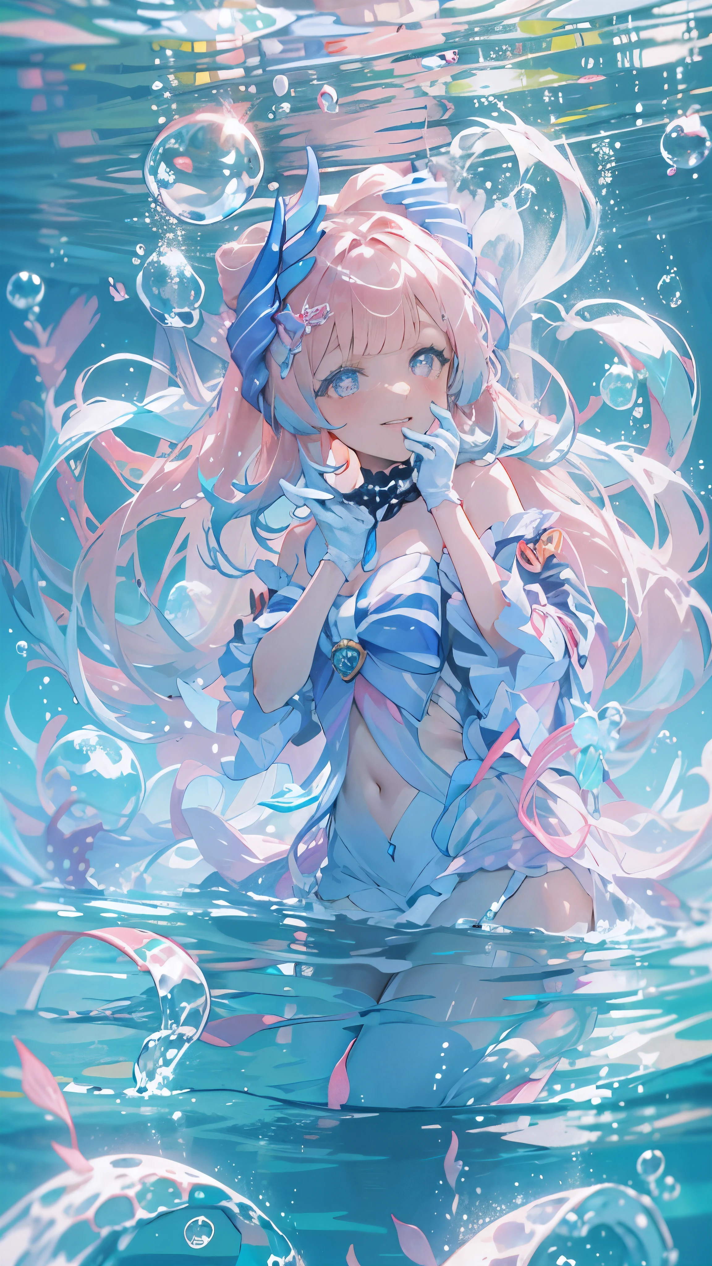 1 girl solo, long pink hair, translucent clothes, Wearing a big blue bow on her chest, Long wide sleeves, bare shoulders, long white socks, Light purple eyes, pastel colors, underwater, bubble, iridescent light rays underwater