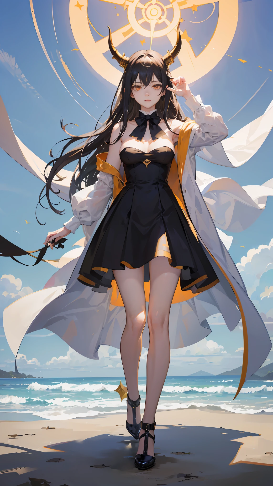Ancient Star goddess, Perfect female anatomy (Adult Female, 166cm in height, pale skin, slim, slender, 34D breast size, Dark Orange Eyes with beautiful details, Long Straight Black Hair, Beauty Mark Mole on right cheek bone, a set of black horns on her head), Neutral facial expression, Elegant white dress with black bow tie, blue coat knee length, gold and rope accessories, View of the open blue sky with only clouds, receiving light from the front, Ethereal glow