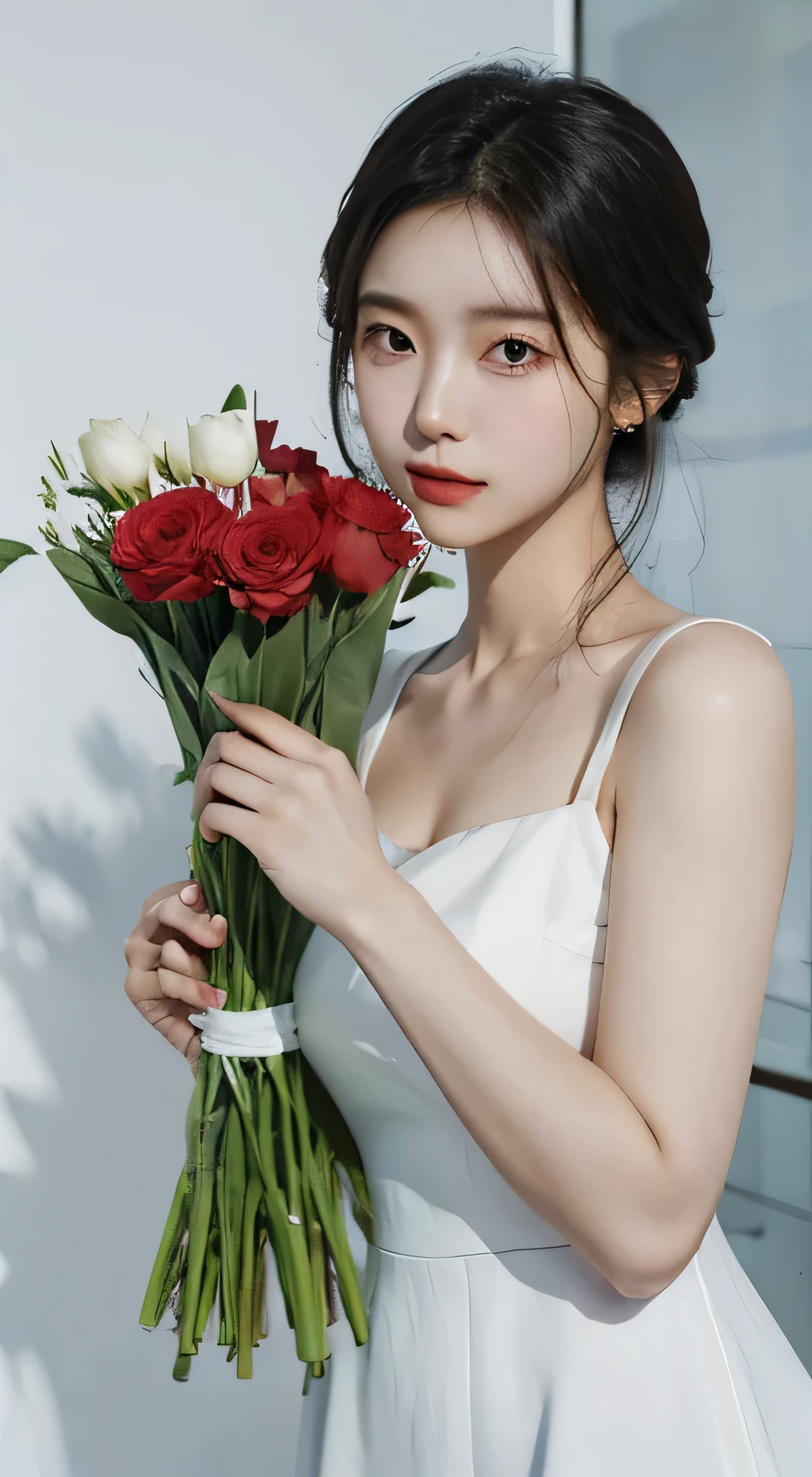 une femme coréenne tient un bouquet de fleurs, curly hair, femme porte une robe blanche, (Photorealistic),(ultra-detailed), corps entier complet dans le cadre ,fond blanc,