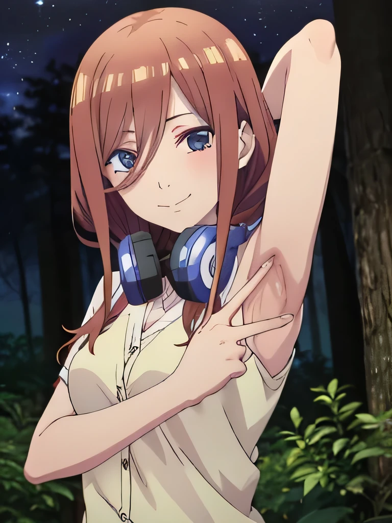 solo, 1girl, looking at viewer, 2D, anime, anime coloring, high quality, closed mouth, solo, upper body, night sky, forest, arms behind head, contrapposto, shy smile, spread armpits, miku nakano, cardigan, headphones around neck, looking at viewer, smile