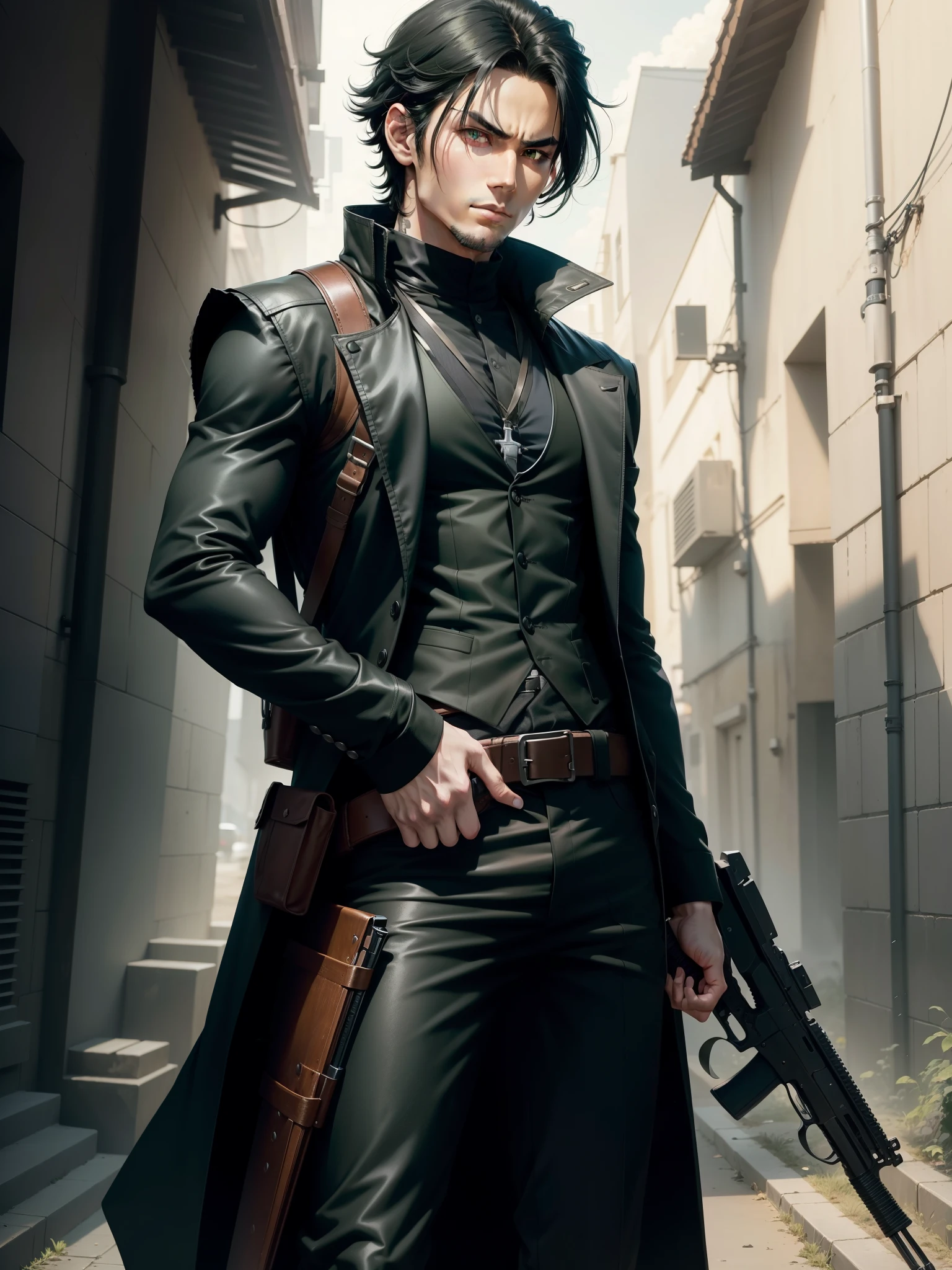 1 young black-haired man, long black vest, serious look, anime 1 man, green eyes, full body shot, cowboy shot, long black vest, serious look, anime, holding a gun, holding weapon, finger on trigger.