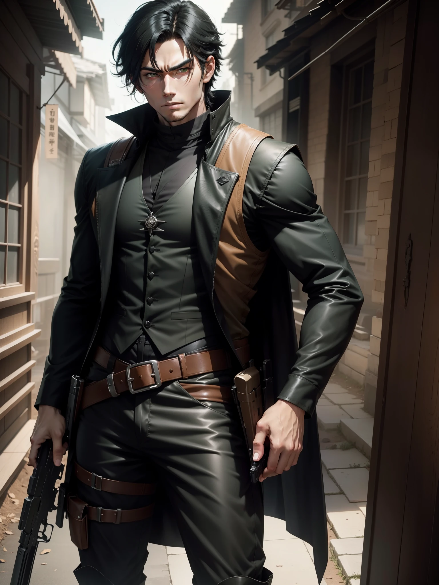 1 young black-haired man, long black vest, serious look, anime 1 man, green eyes, full body shot, cowboy shot, long black vest, serious look, anime, holding a gun, holding weapon, finger on trigger.
