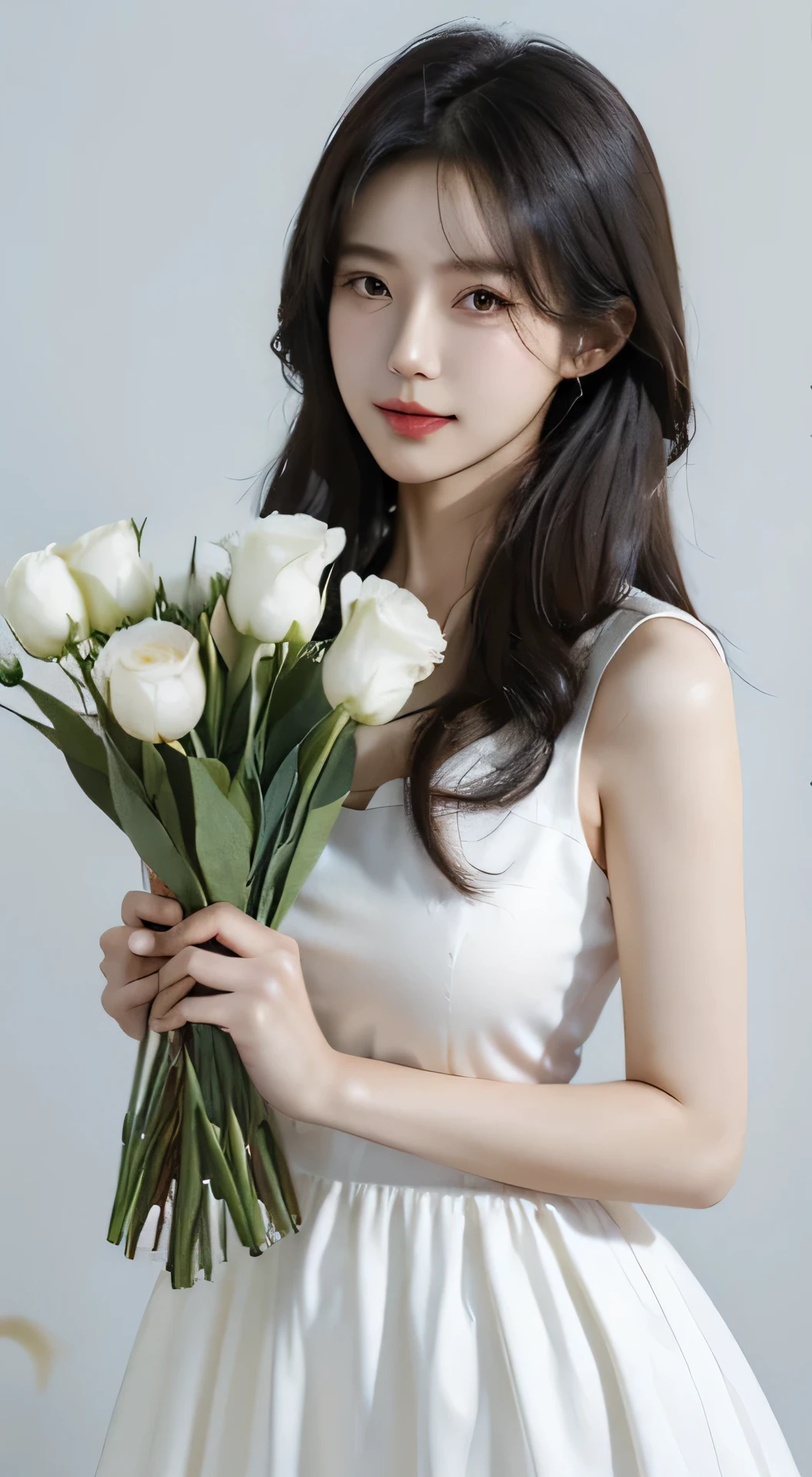 une femme coréenne tient un bouquet de fleurs, curly hair, femme porte une robe blanche, (Photorealistic),(ultra-detailed), corps entier complet dans le cadre ,fond blanc,