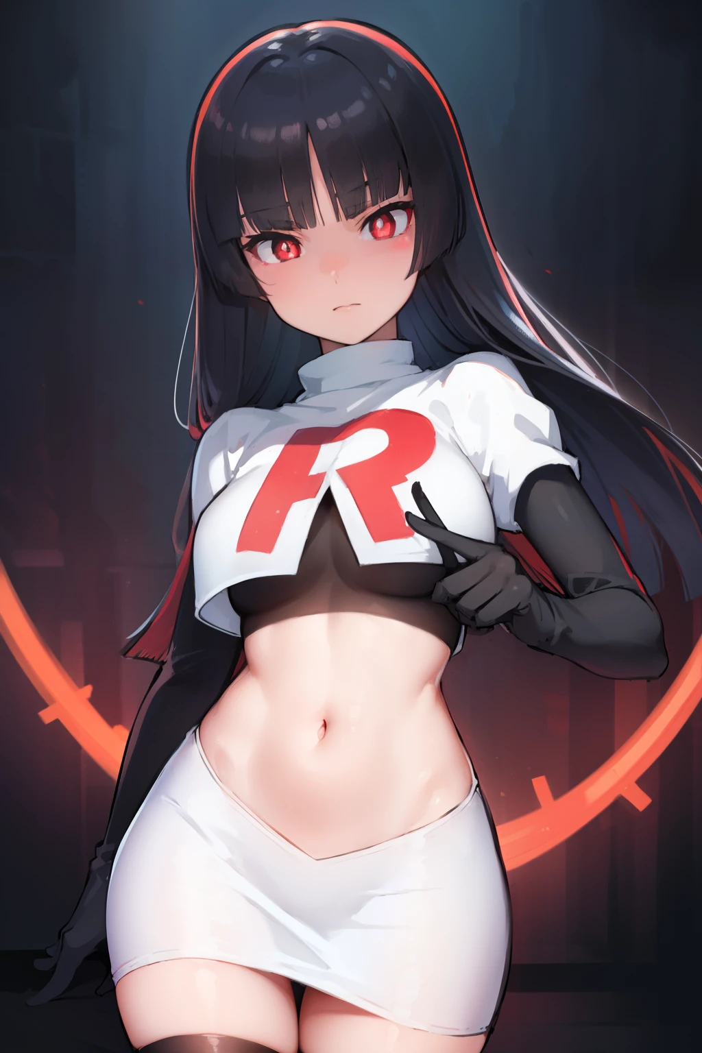 pokemonsabrina, pokemonsabrina, black hair, long hair, bangs, (blunt bangs:1.5), (red eyes:1.5), sidelocks, (bright pupils:1.5), (white pupils:1.5),
BREAK team rocket,team rocket uniform, red letter R, white skirt,white crop top,black thigh-highs, black elbow gloves,
BREAK looking at viewer, (cowboy shot:1.5),
BREAK (masterpiece:1.2), best quality, high resolution, unity 8k wallpaper, (illustration:0.8), (beautiful detailed eyes:1.6), extremely detailed face, perfect lighting, extremely detailed CG, (perfect hands, perfect anatomy),