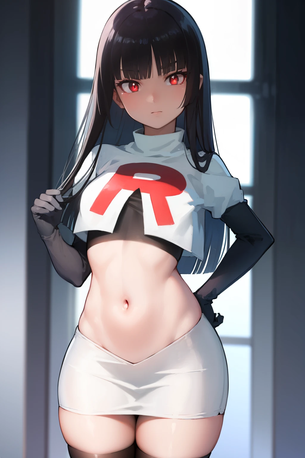 pokemonsabrina, pokemonsabrina, black hair, long hair, bangs, (blunt bangs:1.5), (red eyes:1.5), sidelocks, (bright pupils:1.5), (white pupils:1.5),
BREAK team rocket,team rocket uniform, red letter R, white skirt,white crop top,black thigh-highs, black elbow gloves,
BREAK looking at viewer, (cowboy shot:1.5),
BREAK (masterpiece:1.2), best quality, high resolution, unity 8k wallpaper, (illustration:0.8), (beautiful detailed eyes:1.6), extremely detailed face, perfect lighting, extremely detailed CG, (perfect hands, perfect anatomy),