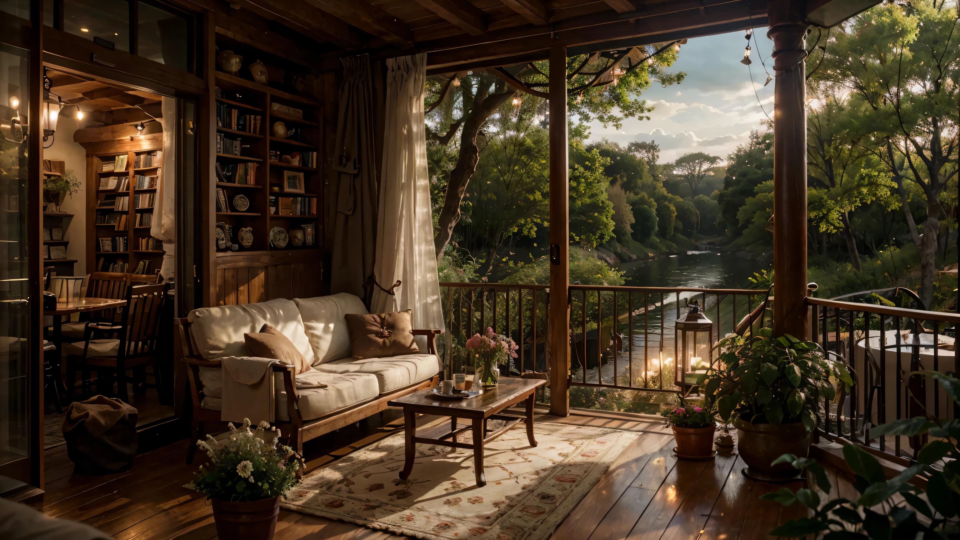 (balcony) outside coffee shop, a view of spring old forests, waterfalls outside, cozy place, books place, warm beautiful scene, cozy atmospheric, cozy environment, cozy setting, cozy enchanted scene, very realistic, cozy atmosphere, cozy and peaceful atmosphere, cozy and calm, beautiful detailed scene, spring time, very very realistic, ✨🕌🌙, cozy wallpaper, unreal engine ; romantic theme