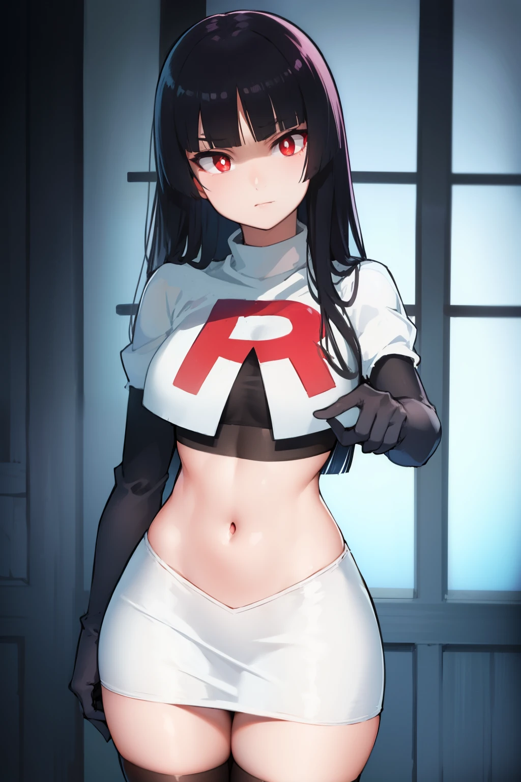 pokemonsabrina, pokemonsabrina, black hair, long hair, bangs, (blunt bangs:1.5), (red eyes:1.5), sidelocks, (bright pupils:1.5), (white pupils:1.5),
BREAK team rocket,team rocket uniform, red letter R, white skirt,white crop top,black thigh-highs, black elbow gloves,
BREAK looking at viewer, (cowboy shot:1.5),
BREAK (masterpiece:1.2), best quality, high resolution, unity 8k wallpaper, (illustration:0.8), (beautiful detailed eyes:1.6), extremely detailed face, perfect lighting, extremely detailed CG, (perfect hands, perfect anatomy),