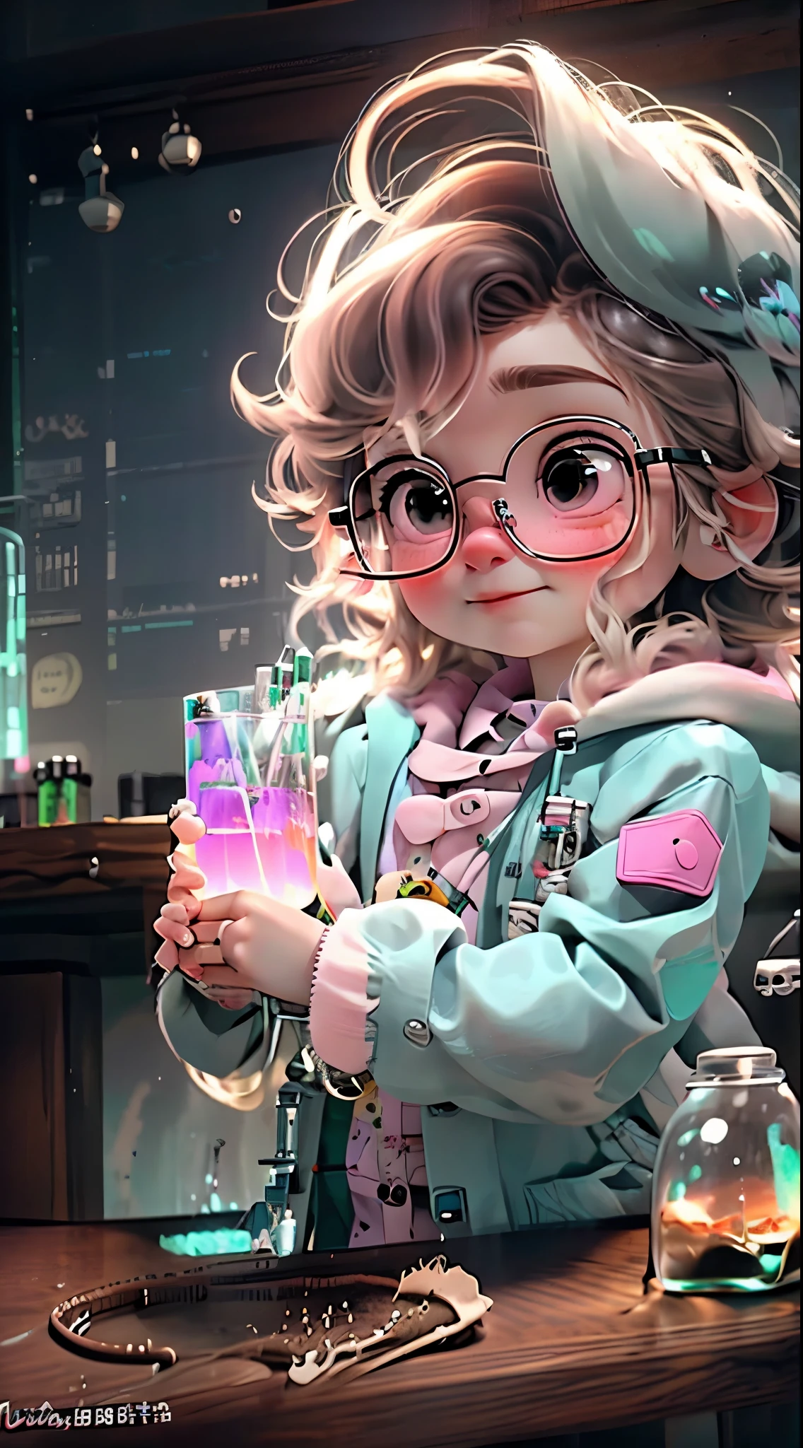 Create a series of best quality cute Geek dolls,ultra-detalhado,Realista,Science Laboratory,Chemical experiment,UHD, chemical equipment,cientistas trabalhando,copos,bico de Bunsen 8K,microscope,laboratory glassware,measuring cylinders,jalecos,laboratory safety glasses,science books,Periodic table,scientific research,descobertas,new inventions,innovation,aprendizado,education,Geek culture Geek wears a coat with details of buttons and pink brooches, PINK, her coat is charming and cute with ultra chemical details ,Curiosidade,Technological advancements,cores vibrantes,soft lighting,modern laboratory,atmosfera nerd,laboratory instruments,hypothesis testing,Scientific method,symbolic representation,Critical thinking,experimentos geeks,precision,precision,detalhes intrincados,impressive scientific setup,elementos naturais,exploration of the mysteries of science,desvendando os segredos da natureza.