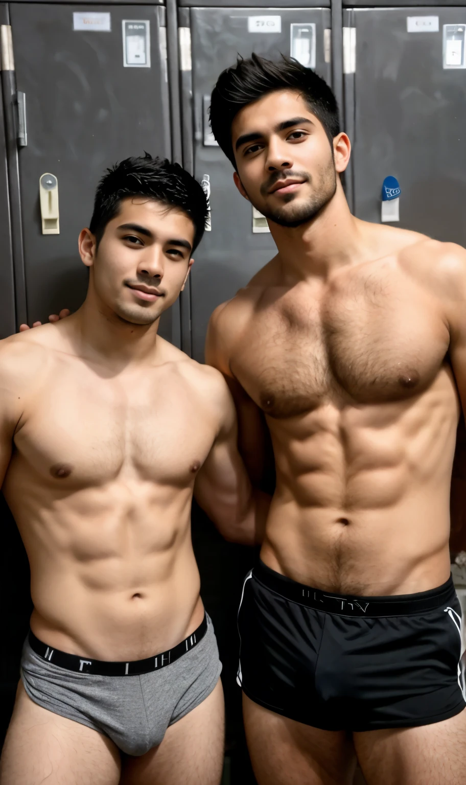 Two men pictured a young, thin man next to his sexy muscular 55-year-old teacher, together in the school locker room; first the young man, is submissive, of short size, without clothing, messy hair, brown skin, youthful face, full body, body with hair on chest, thin and weak body, hairy only in lower part; on the other hand, the 25-year-old professor, muscular body, large pectorals, tall, dominant, without clothing very short and straight black hair, Caucasian or white skin, youthful face, full body, lots and lots of hair on chest, small beard of a day, hairy in the lower part; highly detailed skin, skin pores, school clothing, sunny weather, steam, showers, 8k uhd, dslr, dim lighting, high quality, film grain, Fujifilm XT3