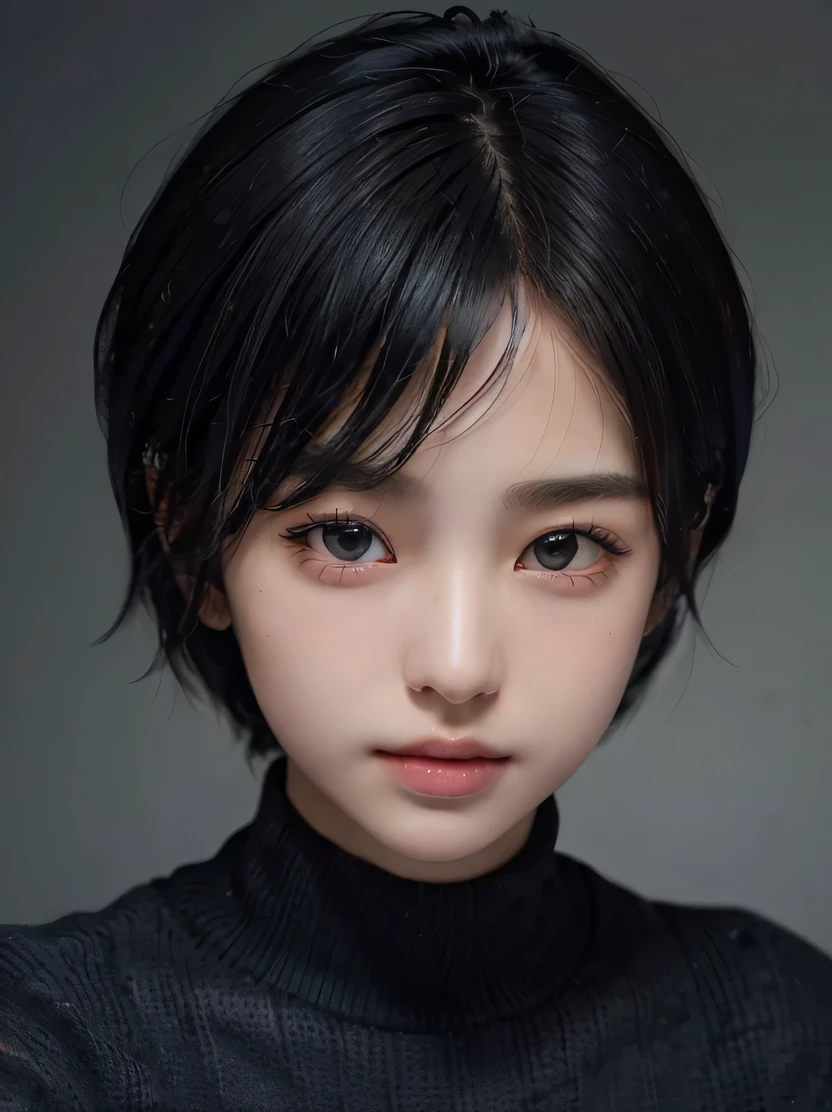 ((masterpiece、highest quality、Super detailed、High resolution、realistic、sharp focus、cinematic lighting))、(1 girl)、bust shot、beautiful face、realistic face、(black hair、boyish short hair、cropped)、beautiful hairstyle、realistic eyes、fine and beautiful eyes、realistic skin、beautiful skin、sweater、confused、charm、golden ratio