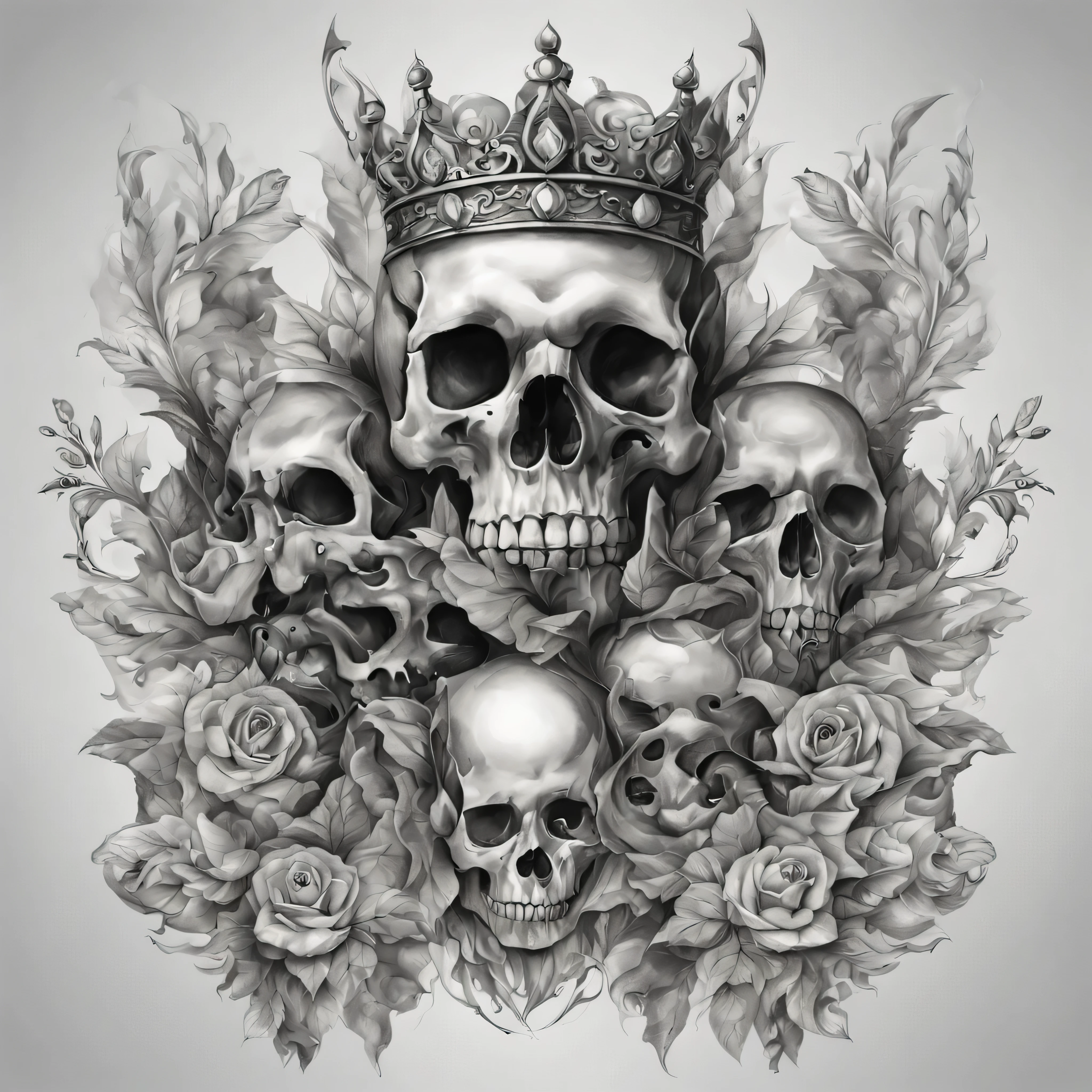 a unique tattoo design,crowns and skulls,realistic,8k,unreal,ultra high resolution,sharp features,masterpiece,pencil line style