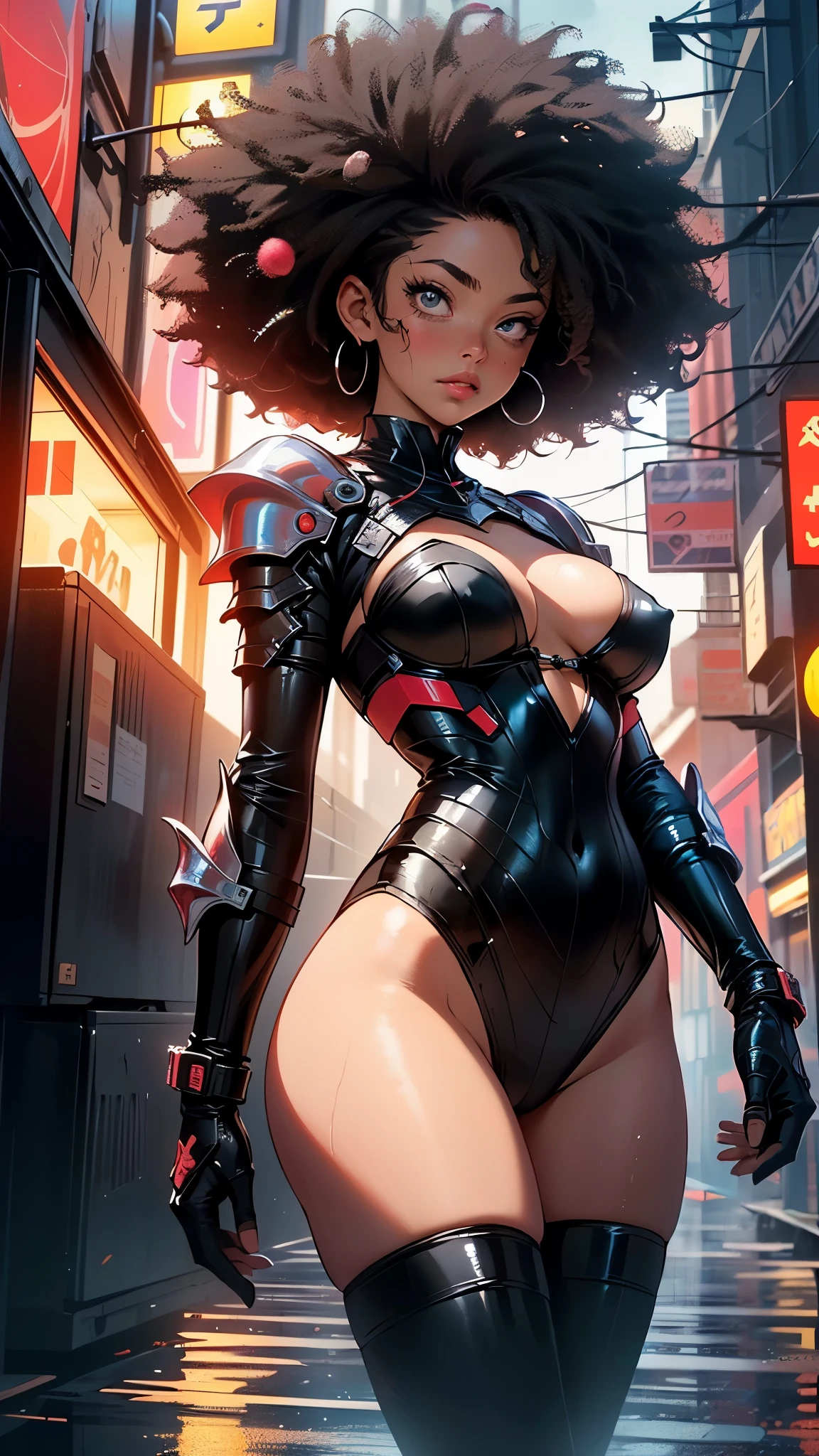 girl spacepunk,(((1girl))),((cute and beautiful afro haired girl)),((((black race)))),
(large breasts:1.4),saggy breasts,((((black afro hair:1.35,((afro hair:1.35)),afrohair,afro:1.35,dark hair,black hair,)))),medium hair,((heterochromia:1.5, (yellow_eye and red_eye))),intricate eyes,beautiful detailed eyes,symmetrical eyes,((fat)),((((tan,dark skin,black skin:1.35,dark-skinned_female,dark skin:1.3,ebony skin,lustrous skin:1.5,bright skin: 1.5,shiny skin,very shiny skin,shiny body,illuminated skin,wet legs)))),(spider lower abdomen,narrow waist,wide hip,athletic body,inflated legs, thick thighs),((detailed face)),
cute,slutty,sensual,seductive look,seductive,erotic,enchanting,((nsfw)),
zettai ryouiki,revealing clothing,show skin,(wearing a mechanical space body armor:1.3,micro armor bikini,bare legs,an armored arm),(((wet clothes,intricate outfit,intricate clothes))),
(dynamic pose:1.0),solo focus,embarrassed,(centered,scale to fit dimensions,Rule of thirds),
cyberpunk city by the ocean at night, with bright neon signs and dark stormy clouds and puddles, scenery:1.25,nighttime, starry night, cosmos,Very dark night that makes the neon lights stand out, very bright neon lights,nighttime, starry night, cosmos,
masterpiece,(top-quality,8K,32K,masterpiece),high resolution,(Photorealistic:1.4),ultra-detailed,(realistic,photorealistic,photo-realistic:1.37),professional, photo from the front, glitter, intricate, 8k, highly detailed, volumetric lighting, digital painting, intense, sharp, focus,character design concept art, ((soaking wet)), magnificent, high fantasy, portrait, perfect rendered face, perfect face details, grim, medium shot,realistic face, photo realistic, analog style, bf, masterpiece, best quality, ((intricate detail)), highres, ((drawn)), cinematic lighting, (((realism))),((synthwave background theme)),(((vibrant colors))), by Richard Corben, by Miles Aldridge, by John Atkinson Grimshaw, art by artgerm and rutkowski and alphonse mucha, cgsociety