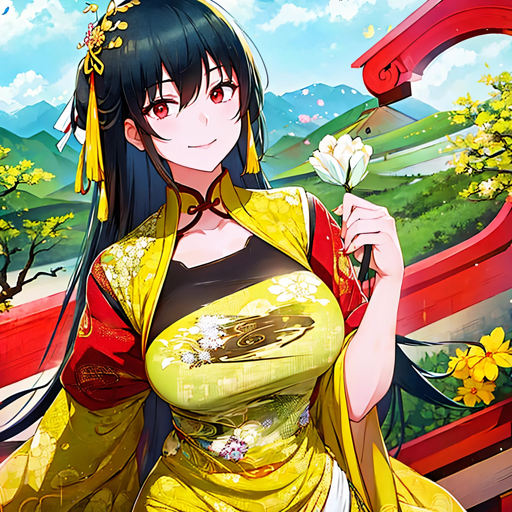 A woman wearing Chinese clothes, in a Chinese landscape, big breasts, black hair, red eyes, smiling.
