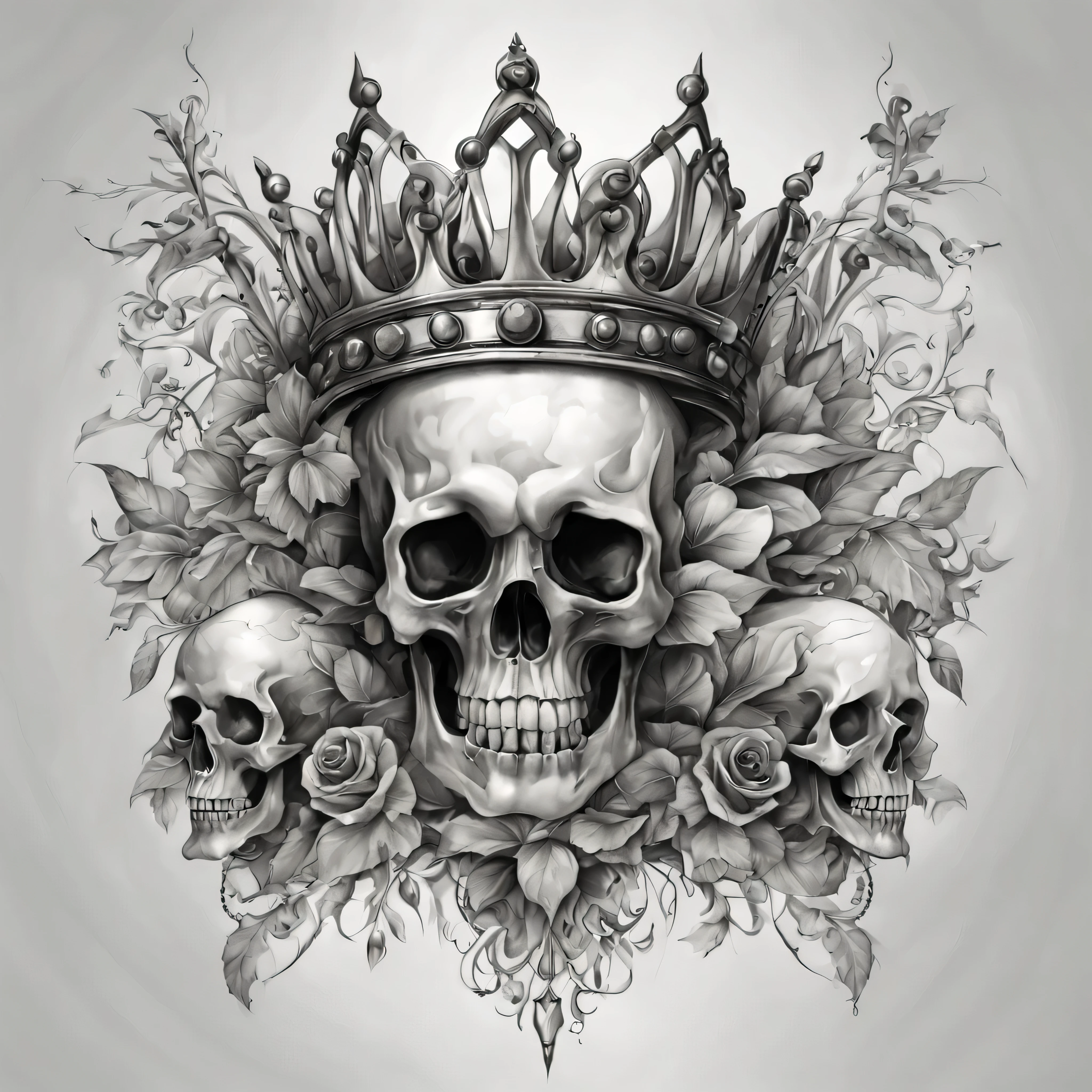 a unique tattoo design,crowns and skulls,realistic,8k,unreal,ultra high resolution,sharp features,masterpiece,pencil line style