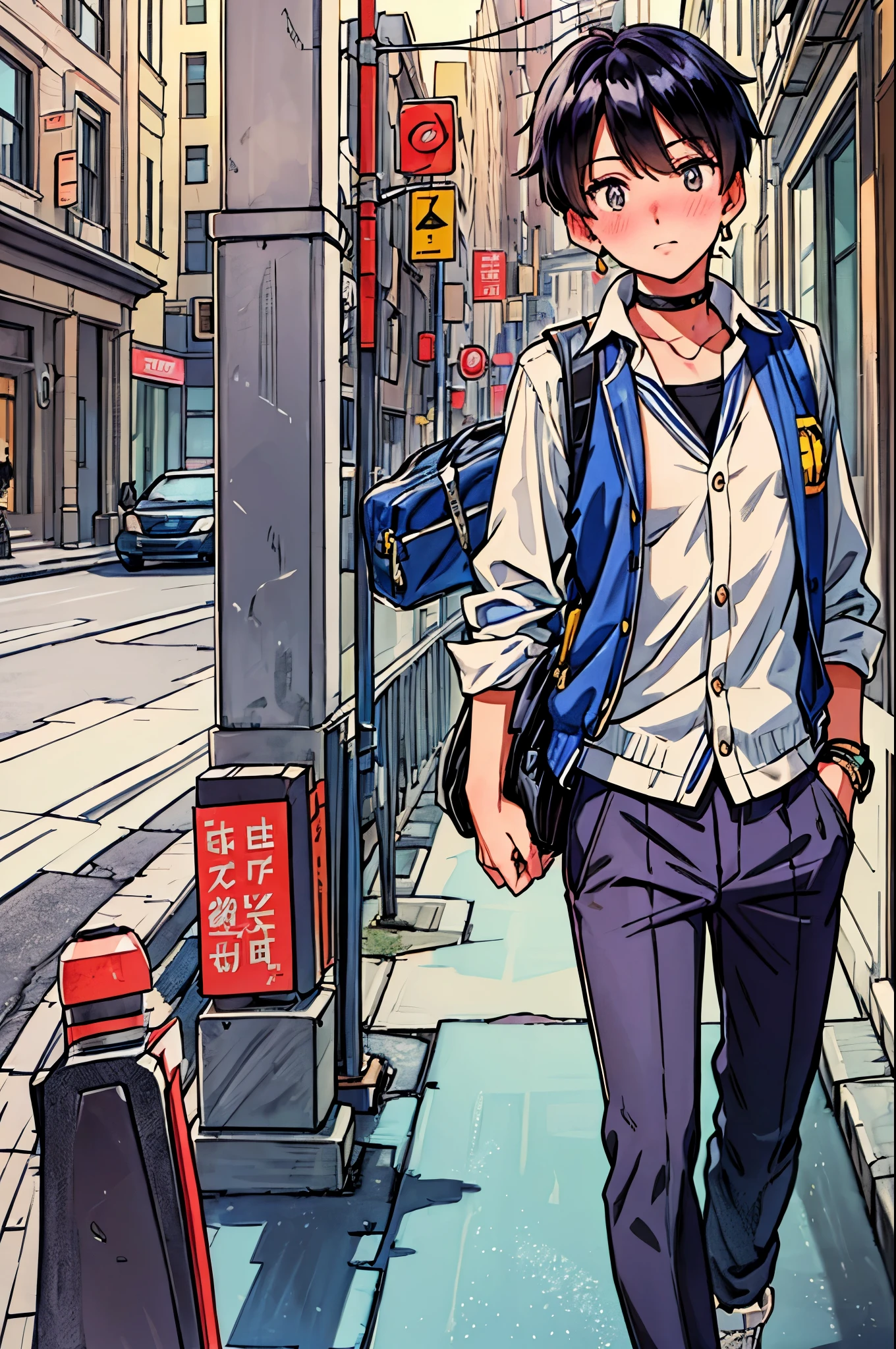 "best quality,ultra-detailed,((background:outside the park1,8)),(one boy),(full body),portraits,((sissy boy,tomboy,FemBoy,trap1,8)),bulge1,8,(natural makeup),black choker,necklace,earrings,(short black hair),boy's face,boys body,((nose-blush)),((shy)),((street-casual-style)),(school-uniform),(vest),(blazer),(sneaker),(he’s having shoulder bags),vibrant colors,soft lighting"