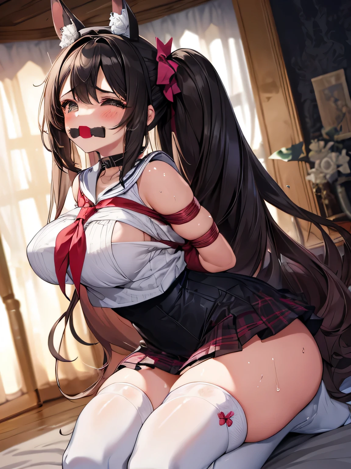 highest quality、High resolution、detailed background、beautiful and detailed face、beautiful and smooth skin、skin texture、professional lighting、Beautiful  girl、(huge breasts:1.3)、sexy sailor suit or uniform、Pleated mini skirt with tartan plaid pattern、black hair、cute髪型、white knee high socks、the whole body is wet、Drool、Sweat、cute、
((全身をbeing restrained、手をbeing restrained、being restrained))、emphasize the chest、underboobを強調する、legs open、No bra、胸がbeing restrained、Arms are tied、tied up with a rope、 underboob、panty shot、white panties、panty shot、camel toe、fetters、Ball gag、I&#39;Iは怖くて泣いています、looks like you&#39;feel like cry、castle of versailles、lie on your back on the bed