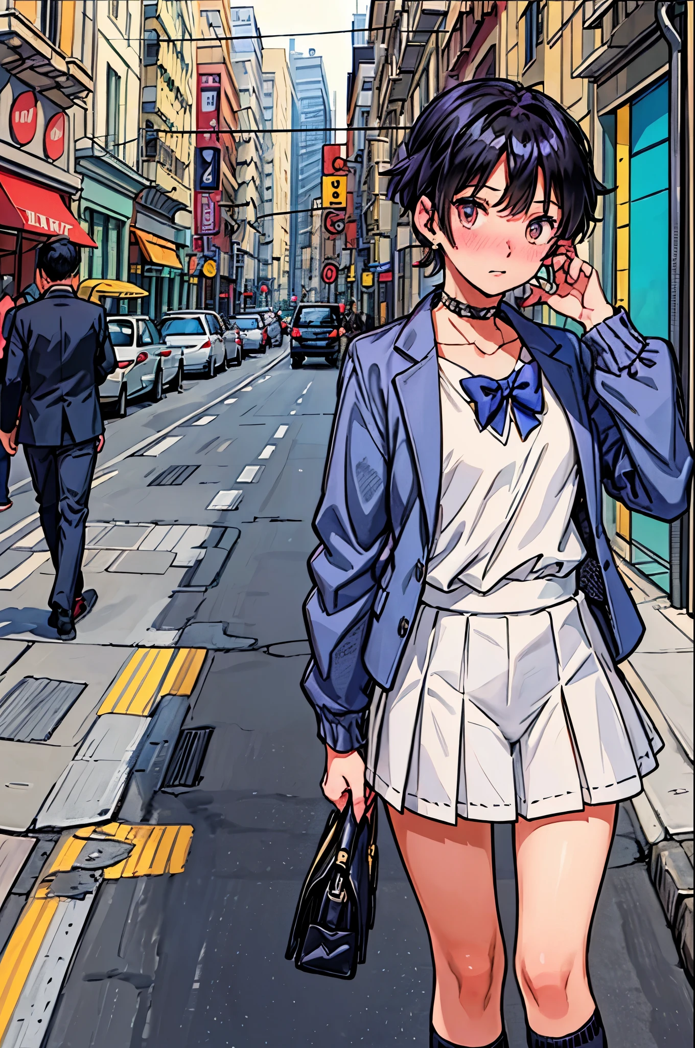 "best quality,ultra-detailed,((background:outside the park1,8)),(one boy),(full body),portraits,((sissy boy,tomboy,FemBoy,trap1,8)),bulge1,8,(natural makeup),black choker,necklace,earrings,(short black hair),boy's face,boys body,((nose-blush)),((shy)),((street-casual-style)),(school-uniform),(vest),(blazer),(sneaker),(he’s having shoulder bags),vibrant colors,soft lighting"
