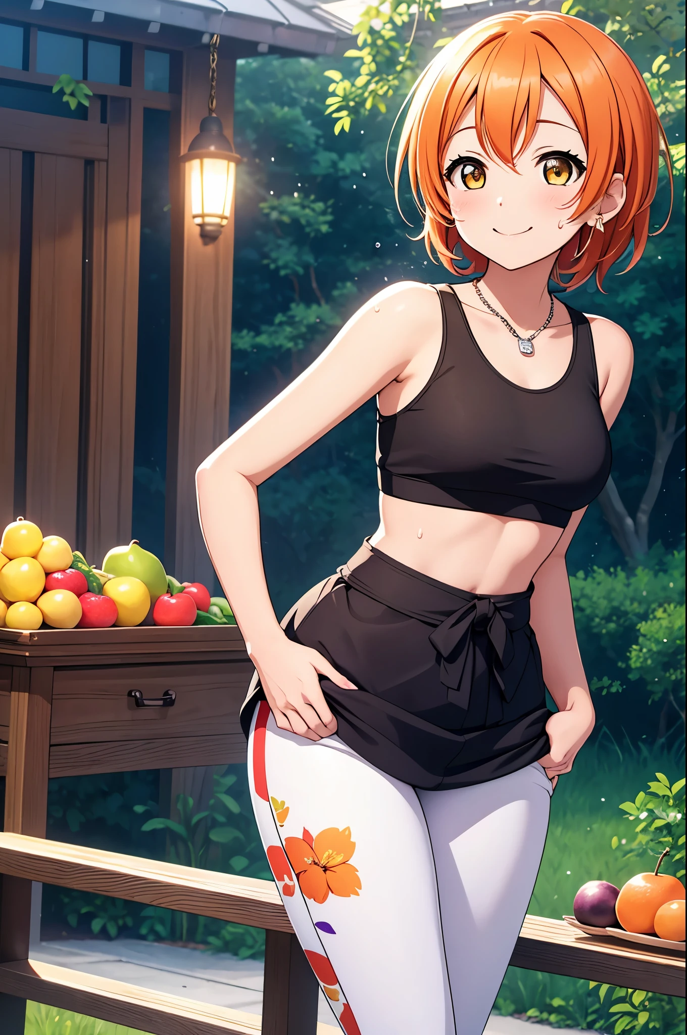 (Masterpiece, Best Quality, High Quality),(chibi),Hoshizora rin,orange hair, yellow eyes, volumetric lighting, illustration, beautiful, tight , Blushing, breasts, looking at viewer, flowers printed tank top, yoga pants,solo, wide hips,thin waist,curvy body, fruits print, looking to the side, confident, seductive smile, (arms behind back, head tilt:1.1), heart pendant,perfect lighting, perfect shadows, flower, (breathtaking scenery:1.1), tree, blushing,(sweat drops:1.2)